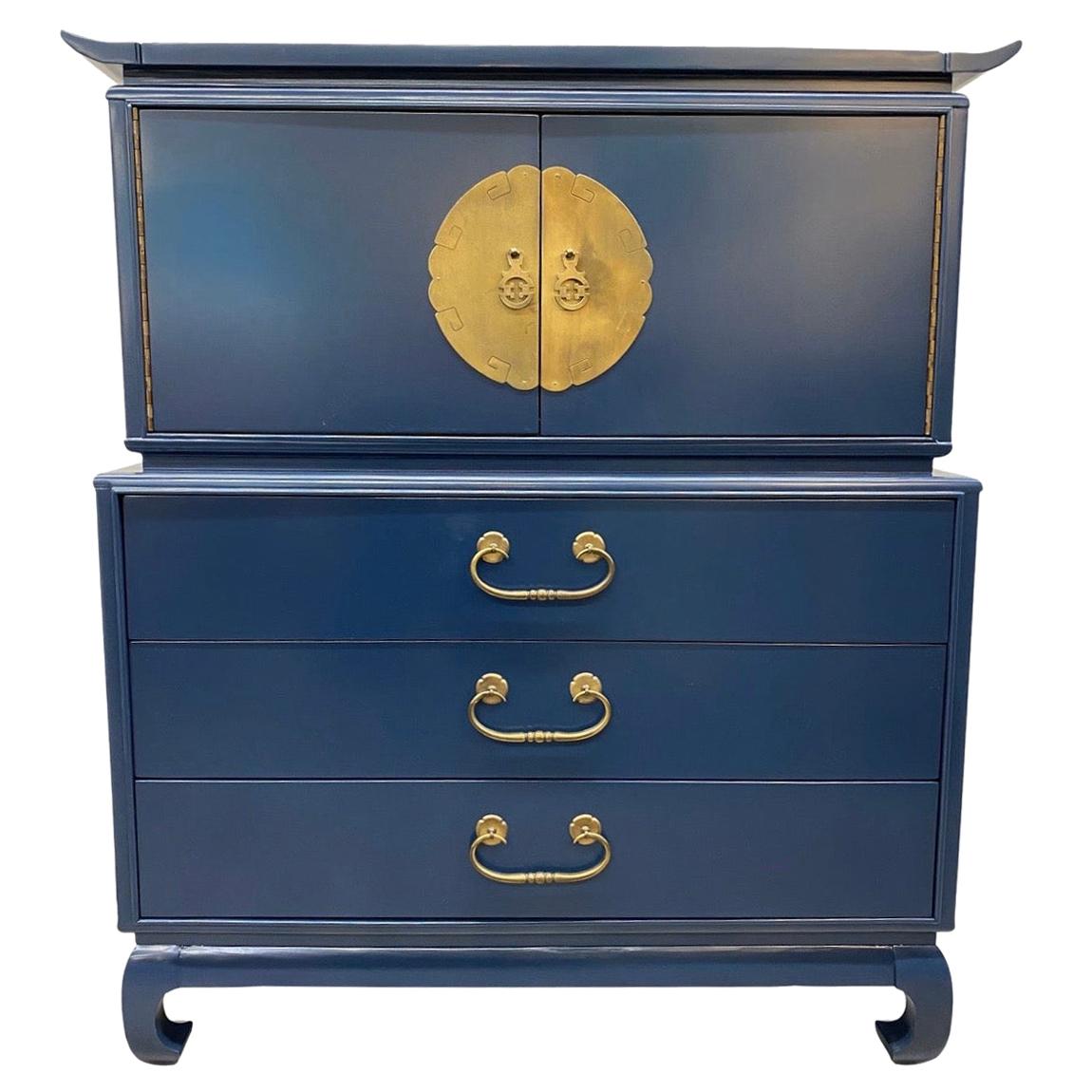 Mid-Century Modern Blue Lacquered Chinoiserie Chest Wardrobe Dresser