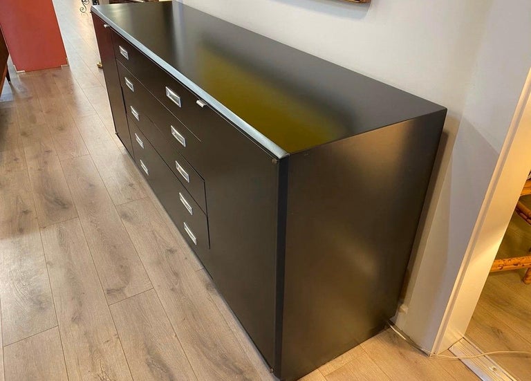 Great scale and better lines with this newly lacquered, in flat black, chest. There are plenty of storage options with this six foot wide server. All dimensions are below.
