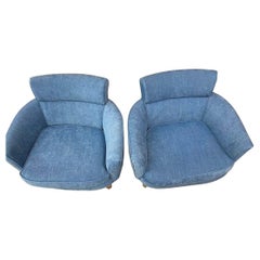 Mid-Century Modern Newly Upholstered Blue Cotton Denim Lounge Chairs