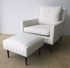 Paul McCobb Arm / Lounge Chair with Stool w/ White & Gray Stripe Upholstery