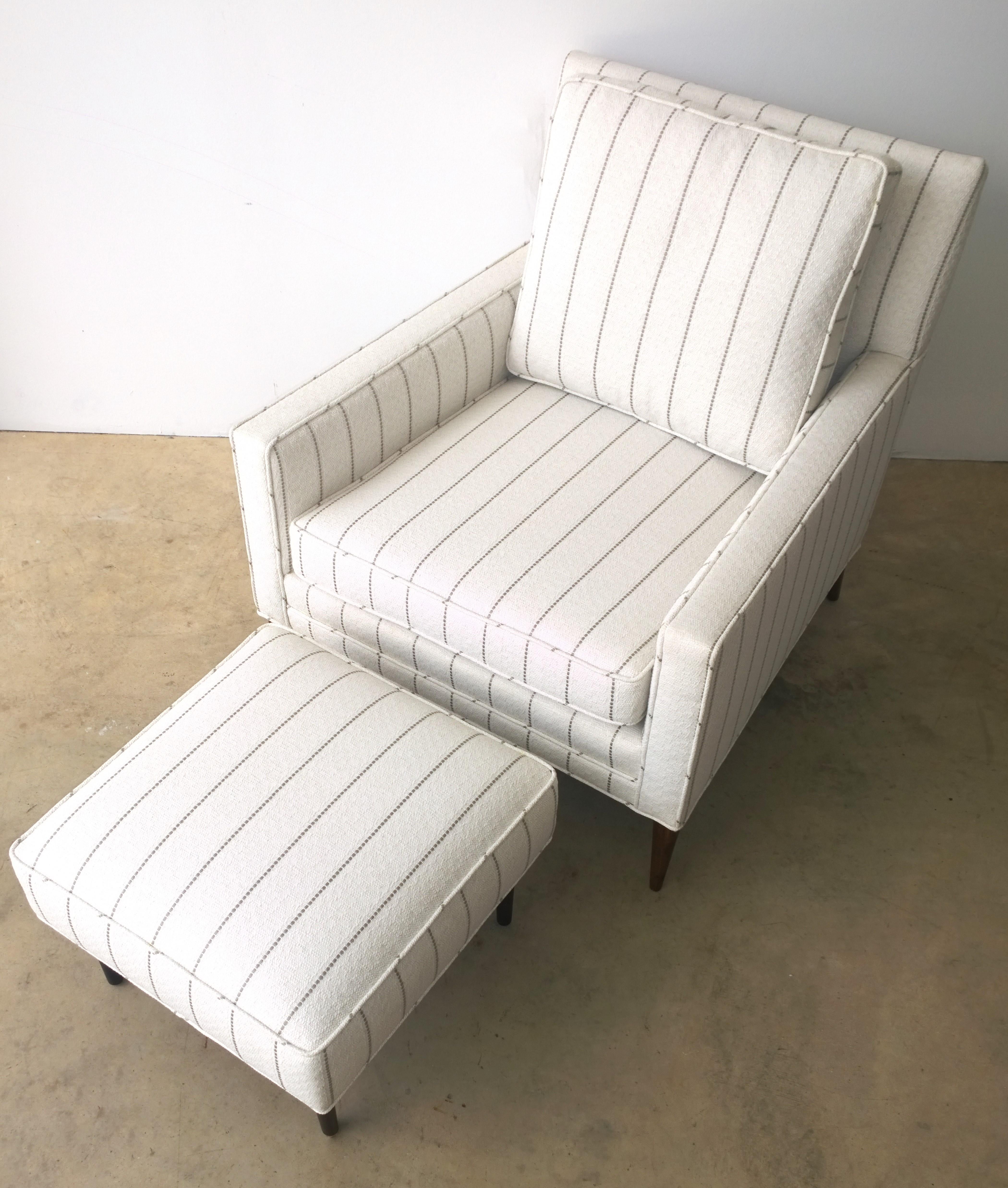 Mid-Century Modern Paul McCobb Arm / Lounge Chair with Stool w/ White & Gray Stripe Upholstery For Sale