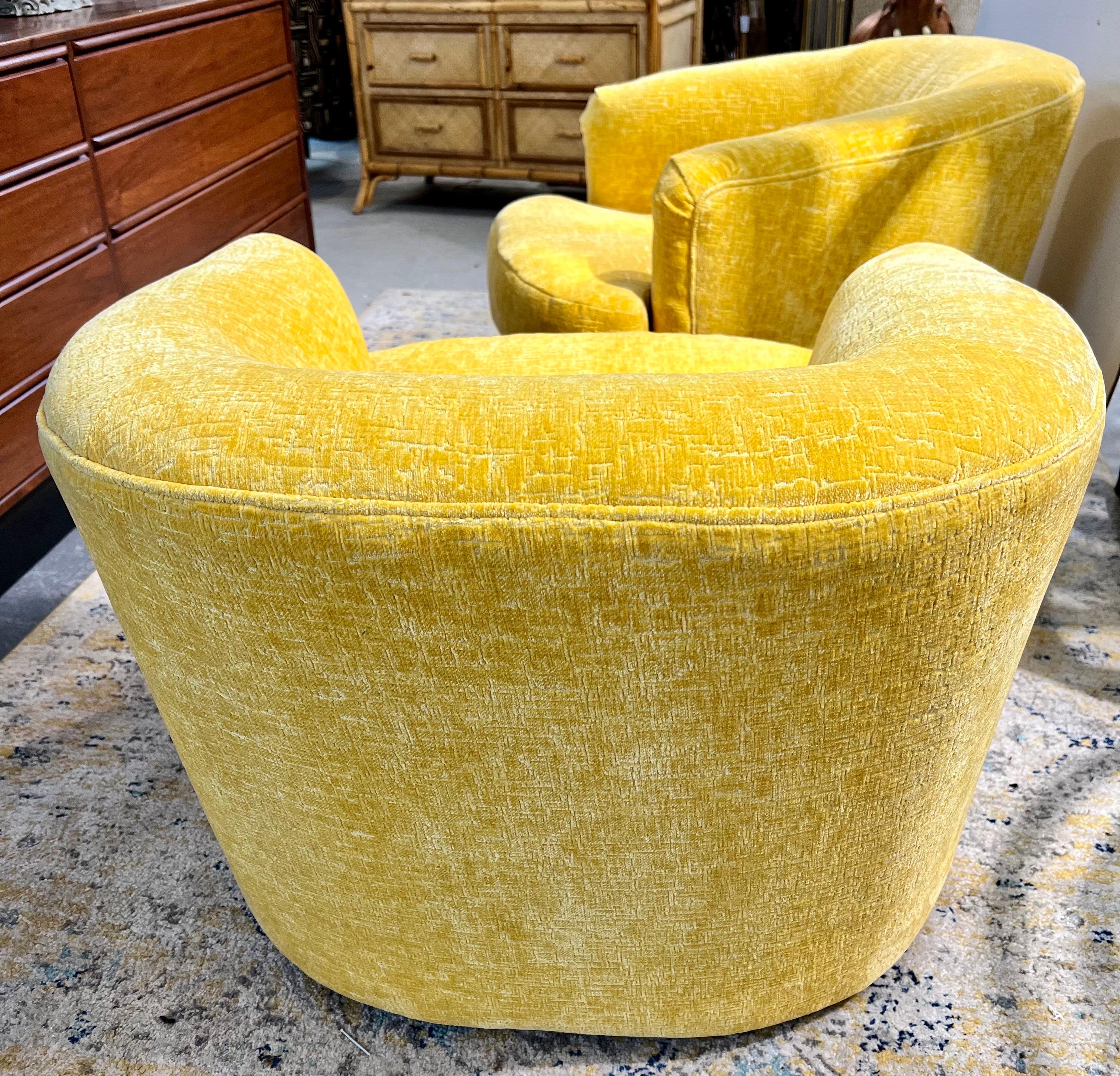 American Mid-Century Modern Newly Upholstered Yellow Chenille Swivel Chairs