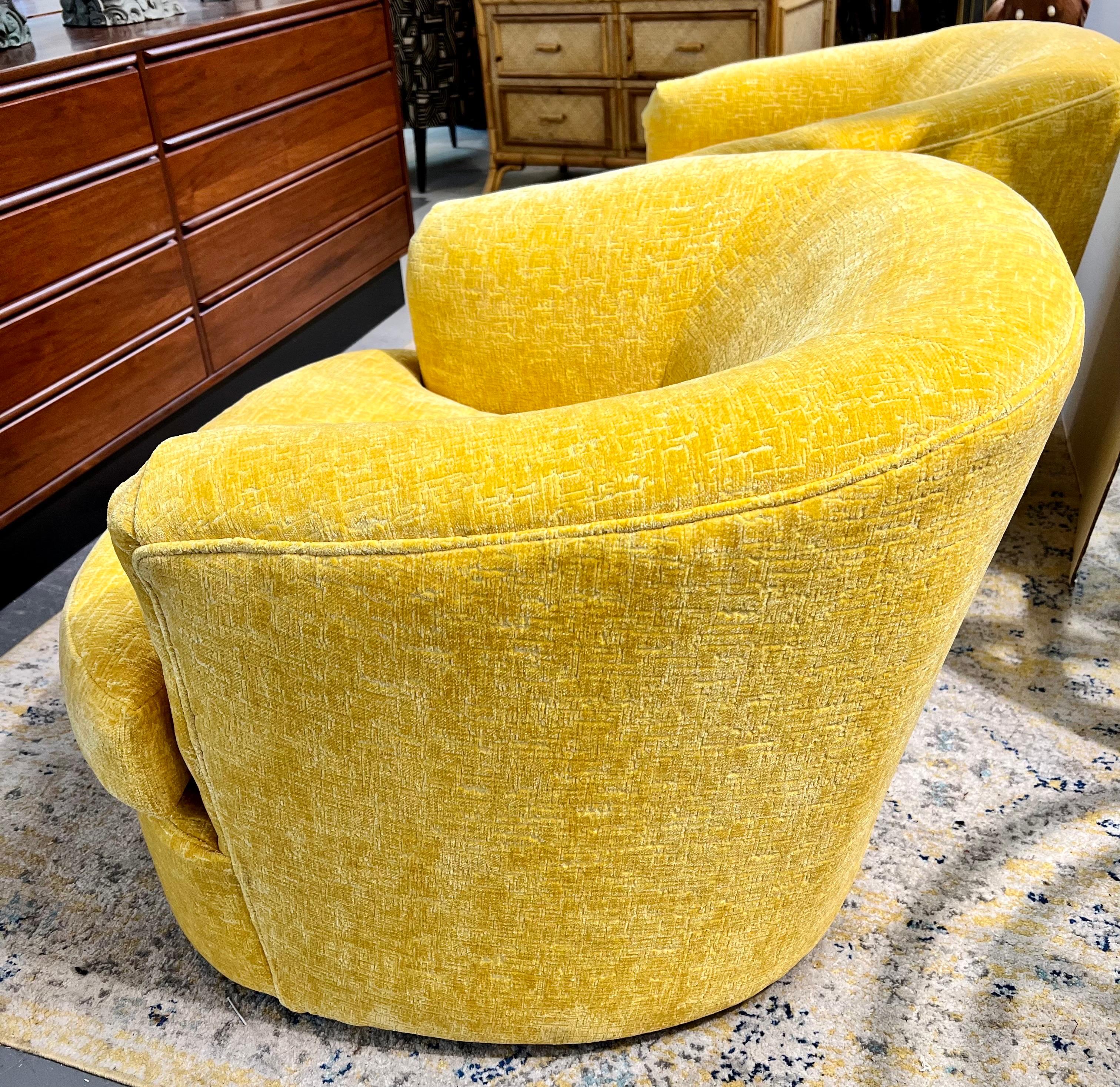 Mid-Century Modern Newly Upholstered Yellow Chenille Swivel Chairs In Good Condition In West Hartford, CT