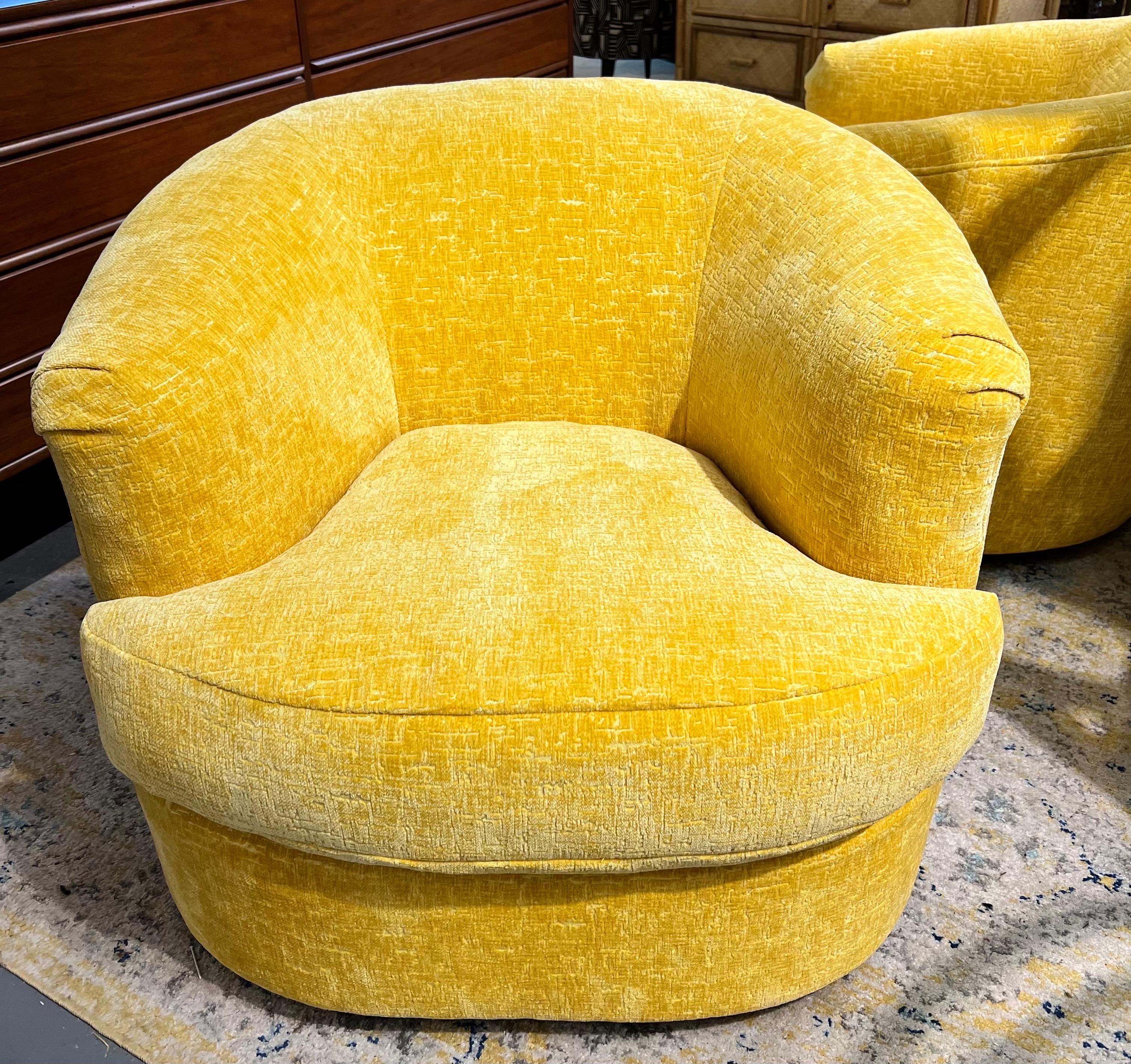 Late 20th Century Mid-Century Modern Newly Upholstered Yellow Chenille Swivel Chairs