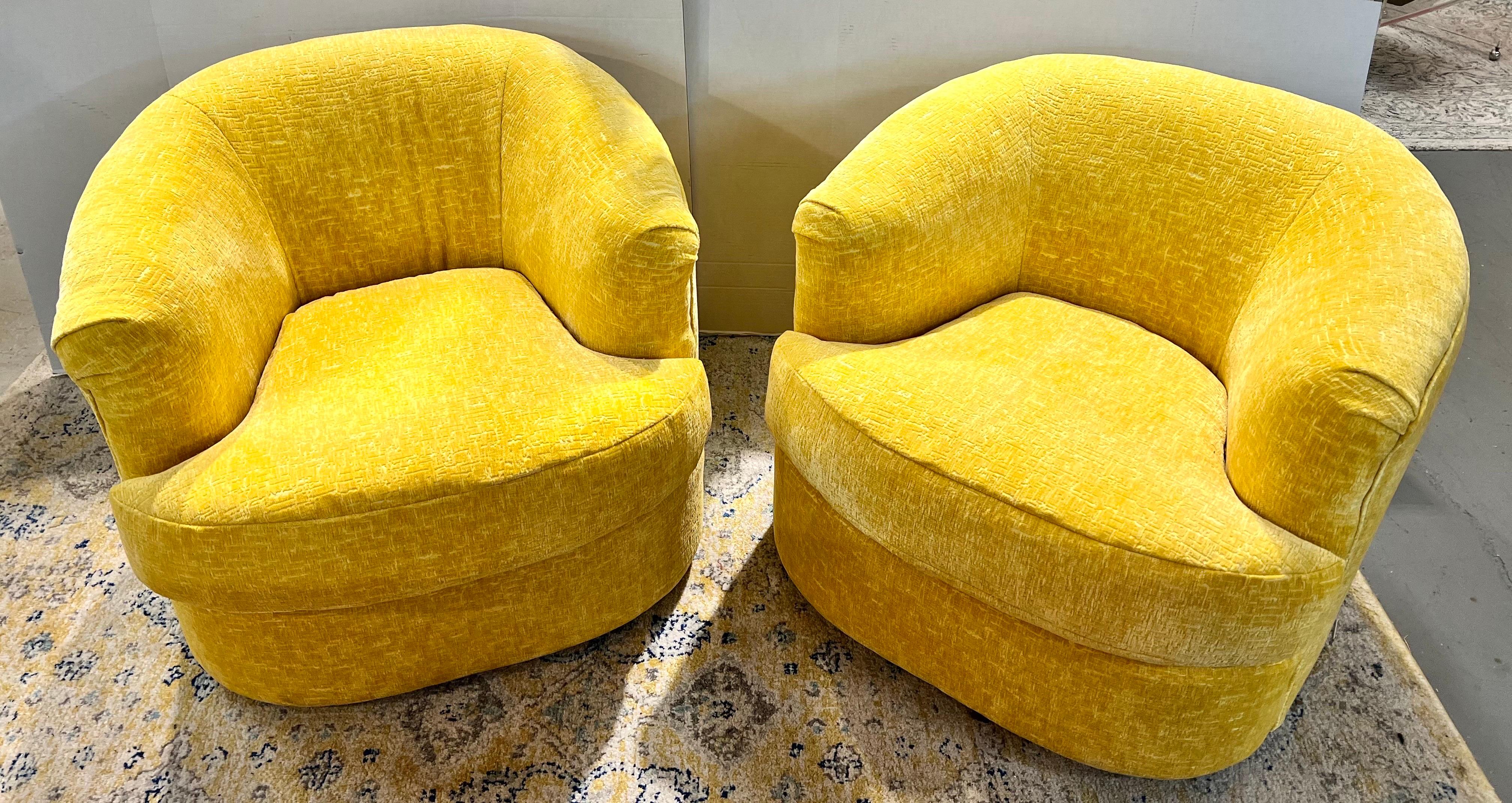 Metal Mid-Century Modern Newly Upholstered Yellow Chenille Swivel Chairs