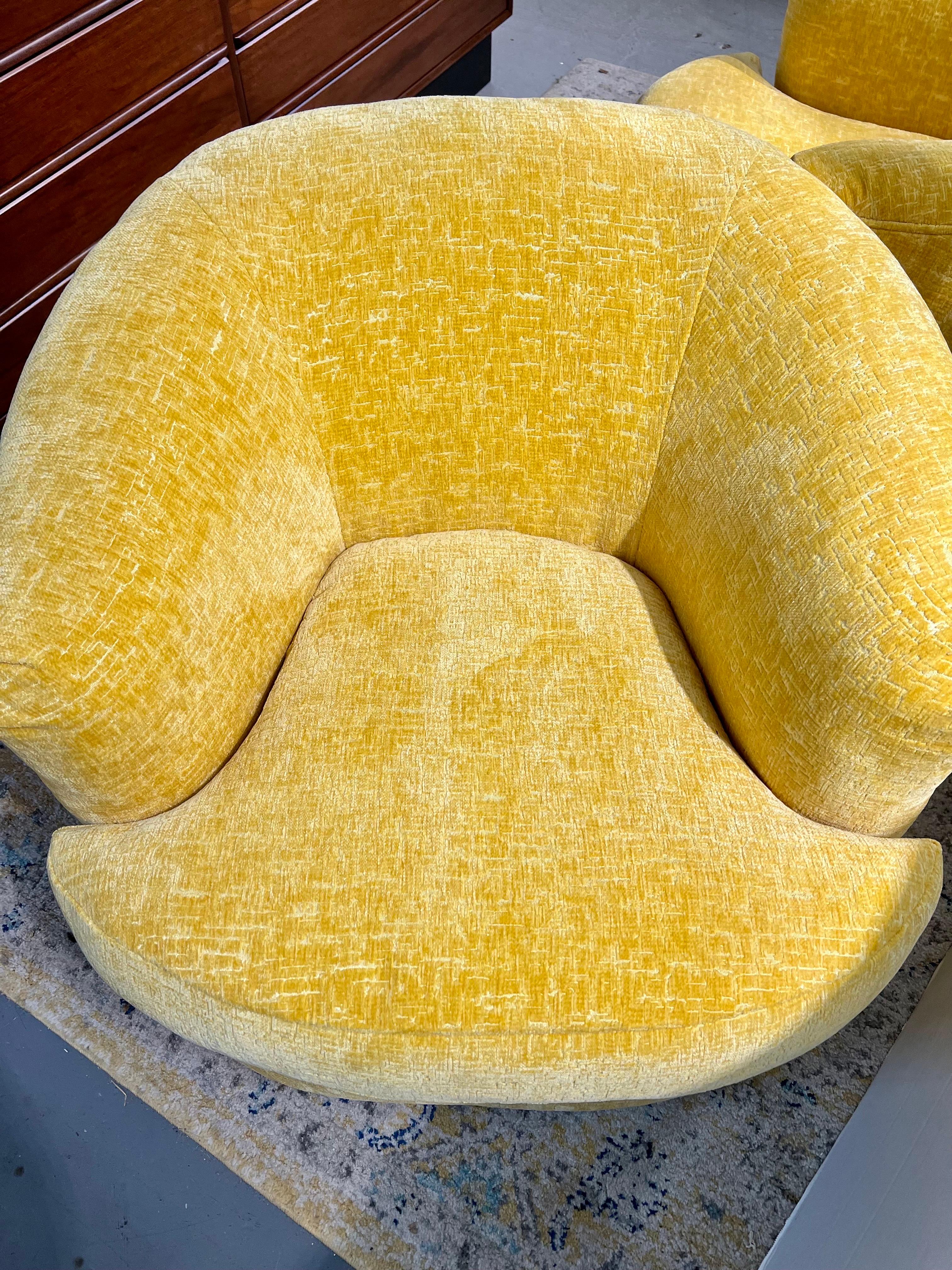 Mid-Century Modern Newly Upholstered Yellow Chenille Swivel Chairs 1