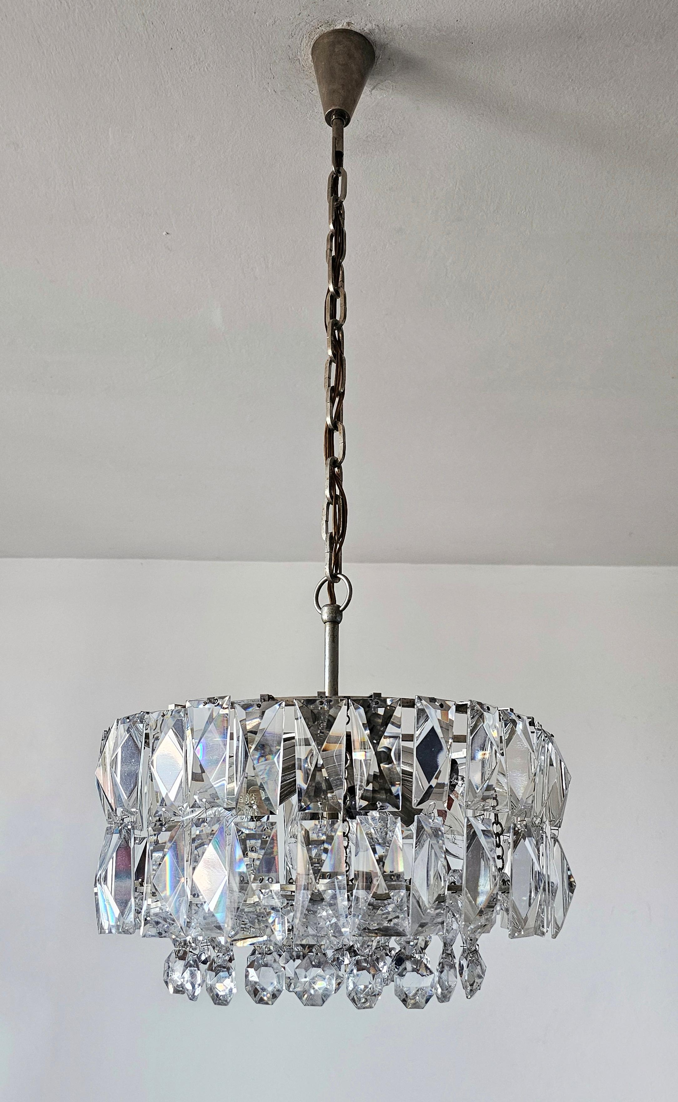 Austrian Mid Century Modern Nickel Plated Crystal Chandelier by Bakalowits, Austria 1960s For Sale