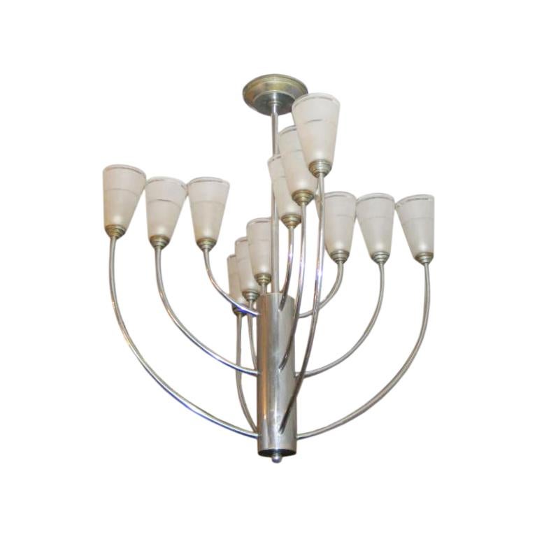 Mid-Century Modern Nickel & Satin Glass Chandelier Attributed to Jacques Adnet For Sale