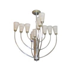 Mid-Century Modern Nickel & Satin Glass Chandelier Attributed to Jacques Adnet