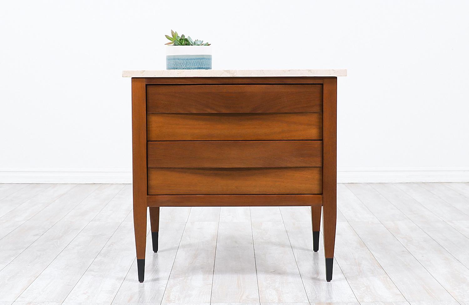 Mid-Century Modern nightstand with travertine top by American of Martinsville.