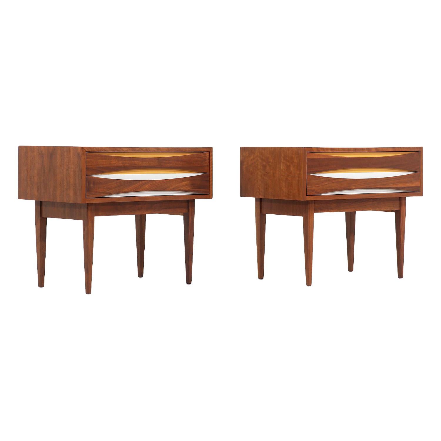 Mid-Century Modern Nightstands with Lacquered Bowtie Style Drawers