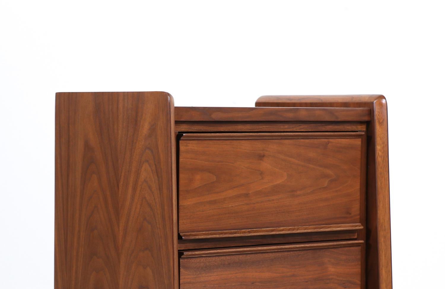 Walnut Mid-Century Modern Night Stands with Sculpted Bases