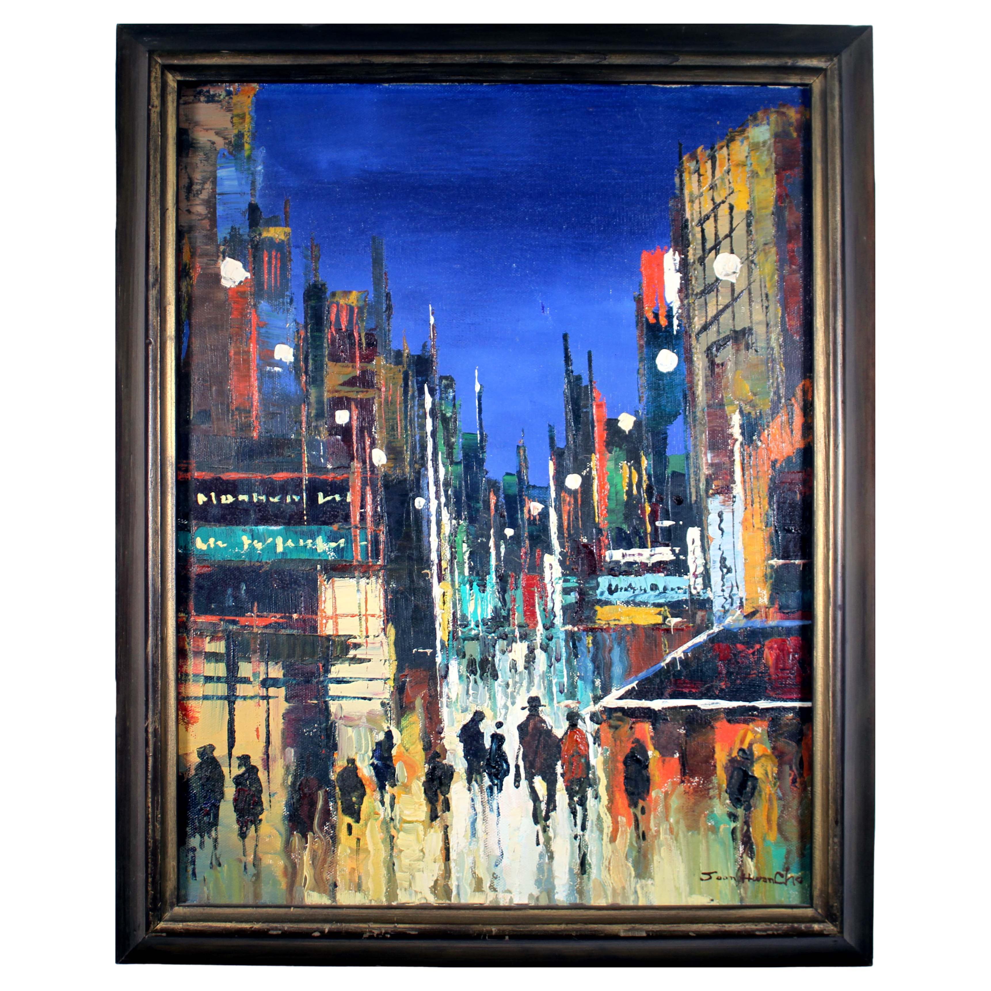 Mid-Century Modern Nightscape Oil Painting on Canvas Framed Signed Joan Hwan Cho