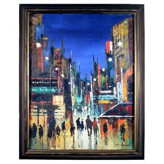 Vintage Mid-Century Modern Nightscape Oil Painting on Canvas Framed Signed Joan Hwan Cho