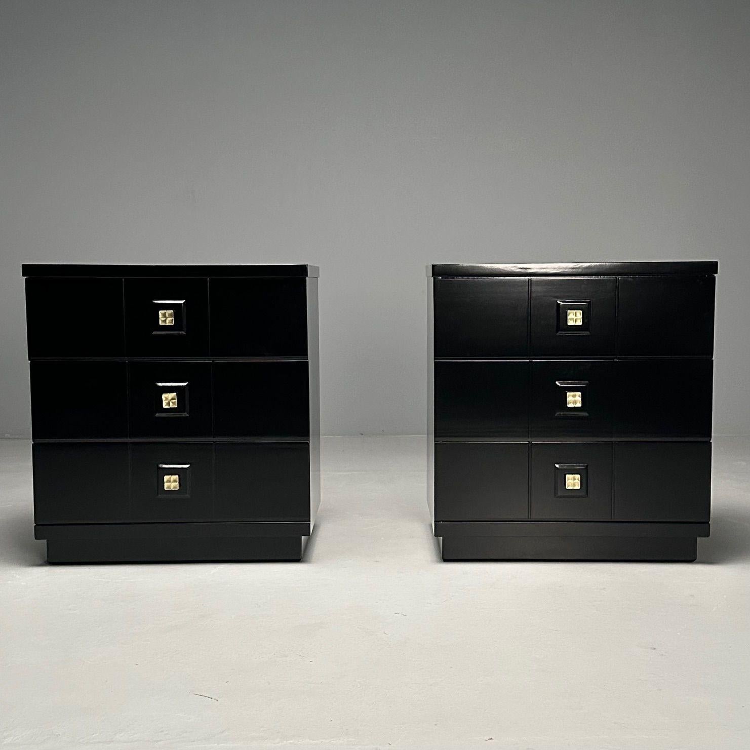 Mid-Century Modern, Chests of Drawers, Black Lacquer, Brass, USA, 1990s

Pair of sleek clean mid century modern chests or nightstands in the art deco fashion. Each of this recently refinished chest have three drawers and a center square brass drawer