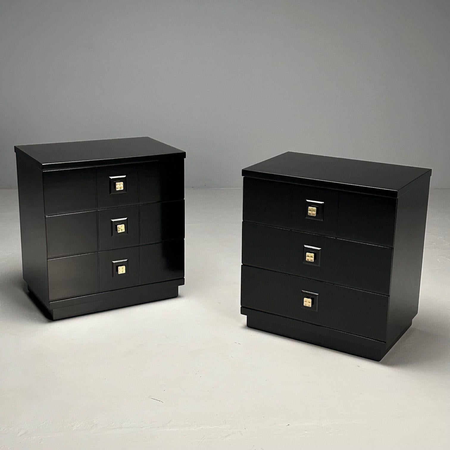 American Mid-Century Modern, Nightstands, Chests, Black Lacquer, Brass, USA, 1970s For Sale