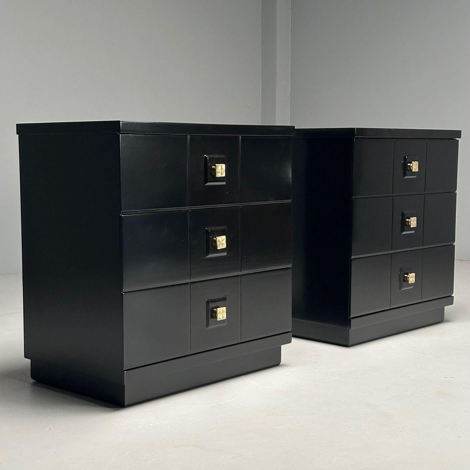 20th Century Mid-Century Modern, Nightstands, Chests, Black Lacquer, Brass, USA, 1970s For Sale