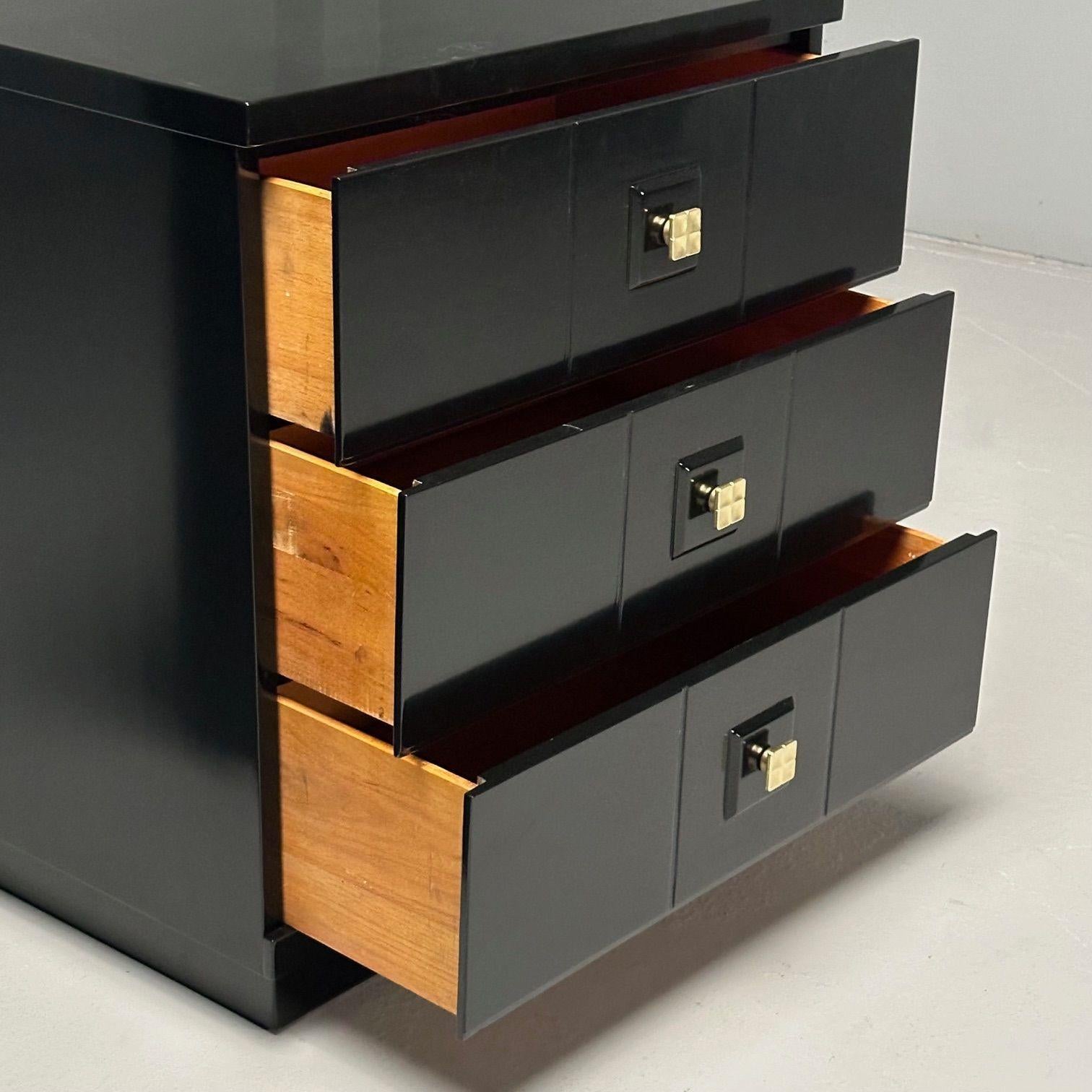 Mid-Century Modern, Nightstands, Chests, Black Lacquer, Brass, USA, 1970s For Sale 1