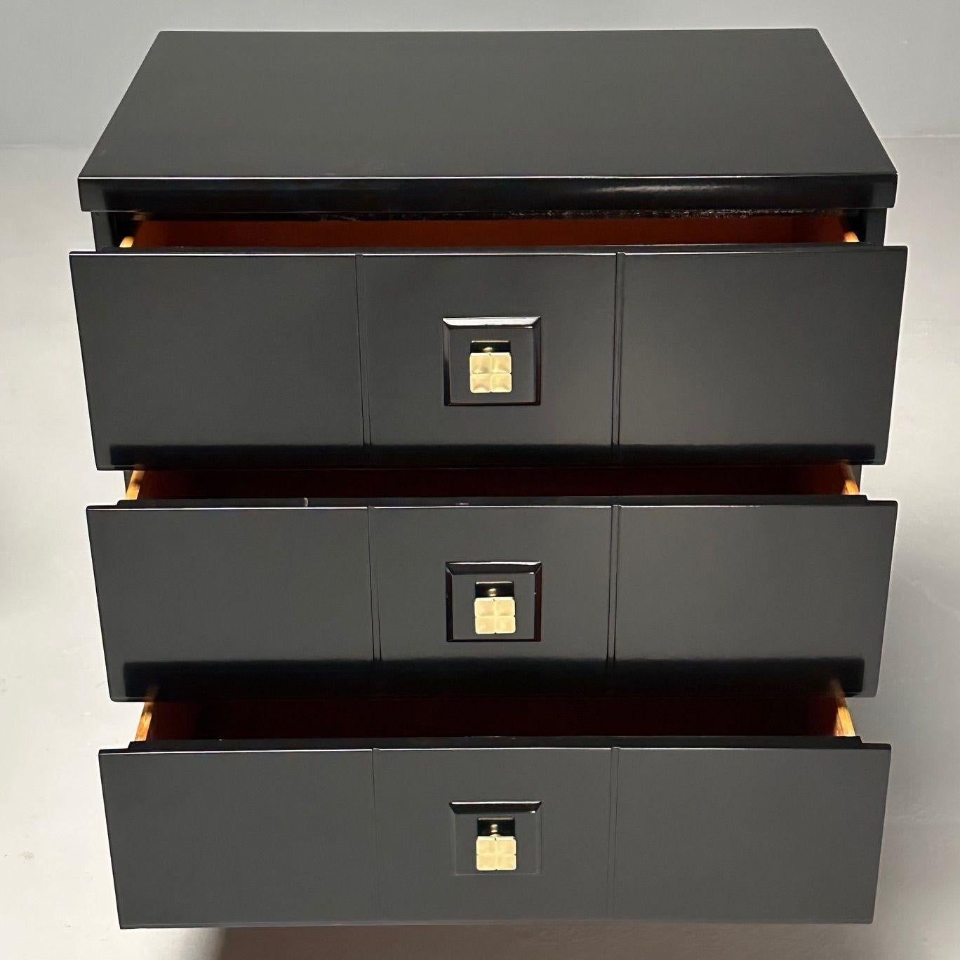 Mid-Century Modern, Nightstands, Chests, Black Lacquer, Brass, USA, 1970s For Sale 3