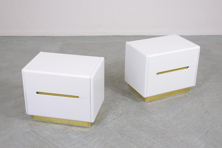 This pair of extraordinary mid-century modern nightstands by lane Altavista Virginia is in great condition and beautifully hand-crafted out of wood and has been completely restored and refinished by our professional expert craftsmen team. This