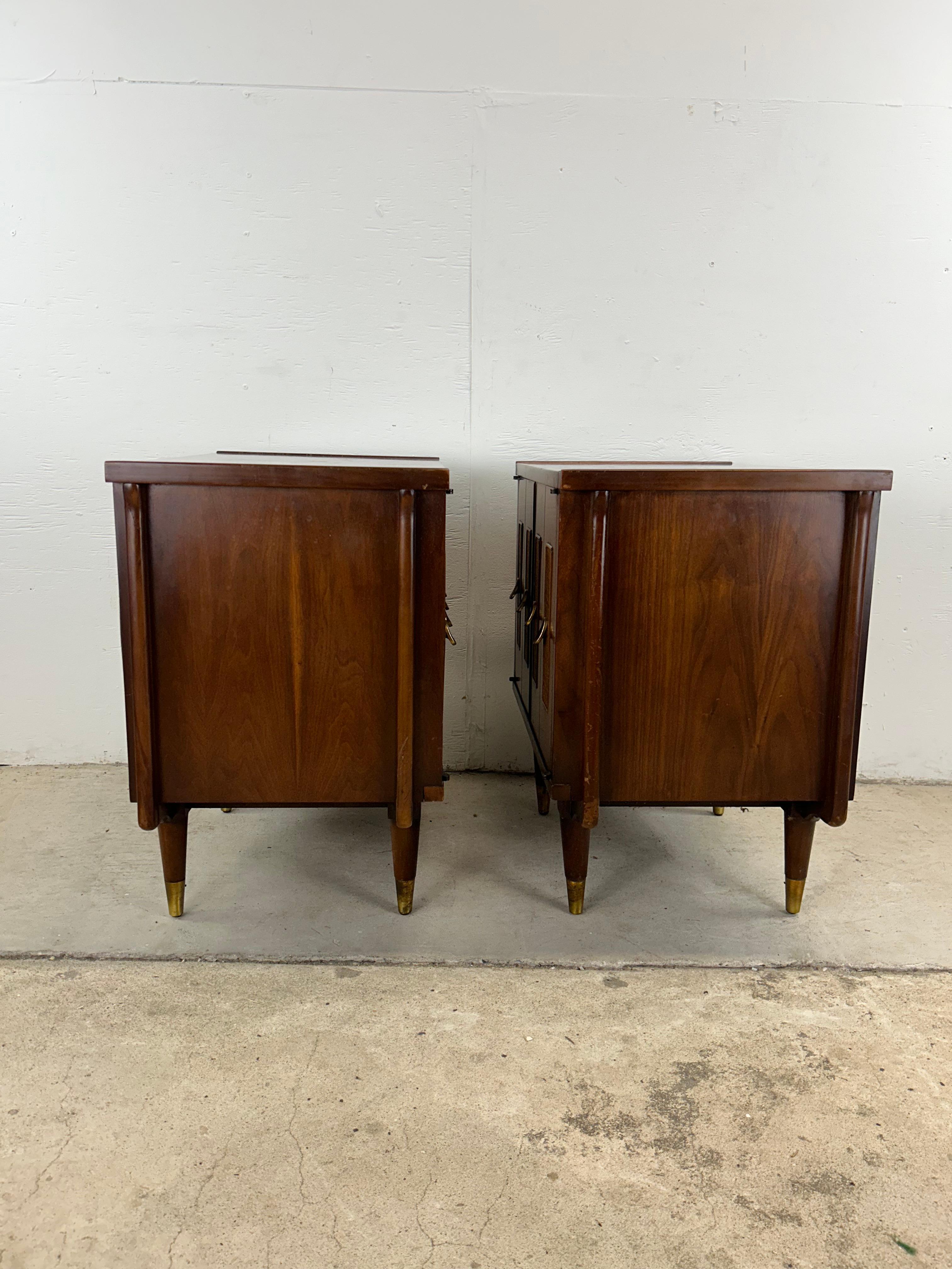 Mid Century Modern Nightstands with Cane Front & Brass Hardware For Sale 13