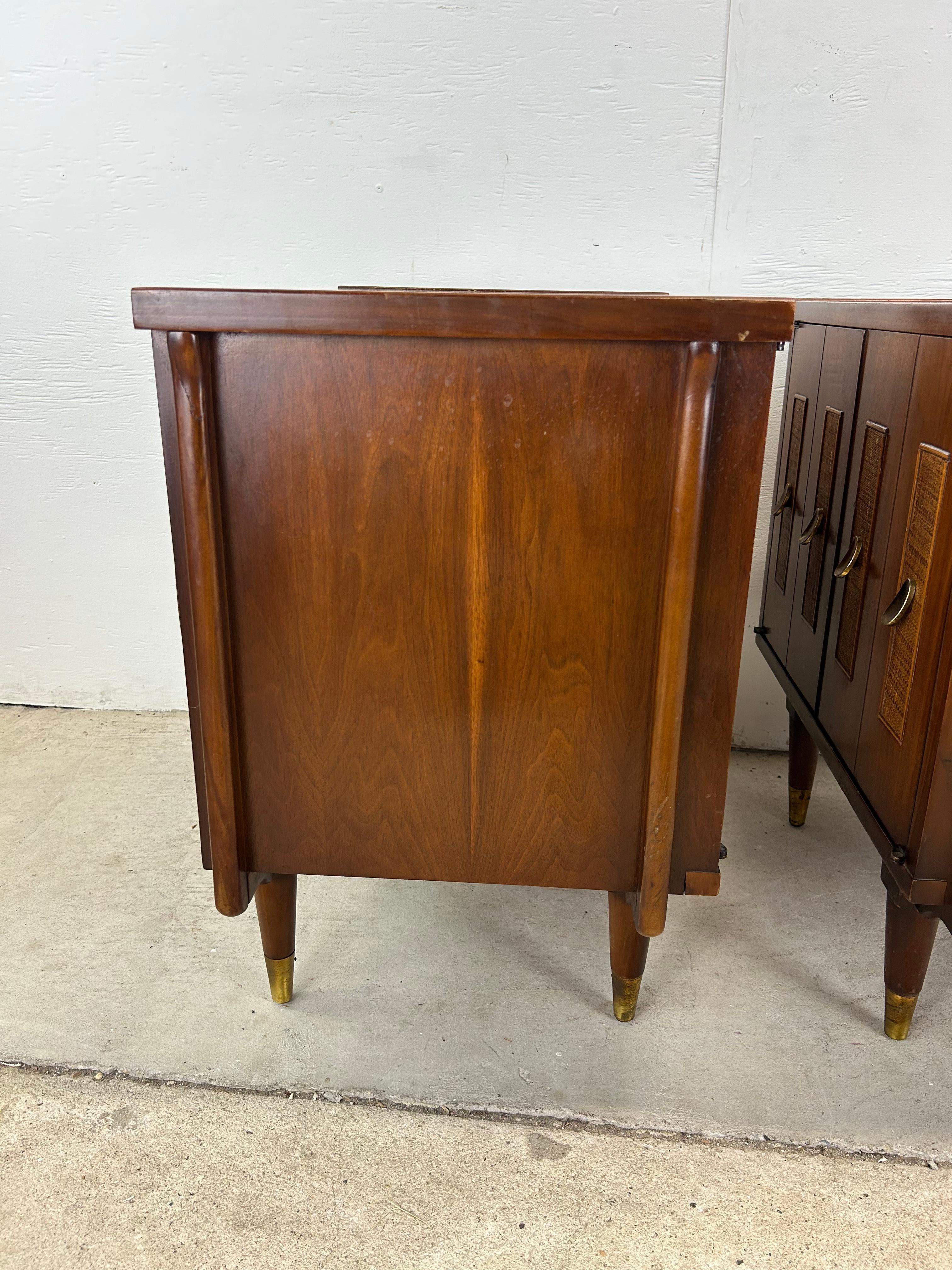 Mid Century Modern Nightstands with Cane Front & Brass Hardware For Sale 14
