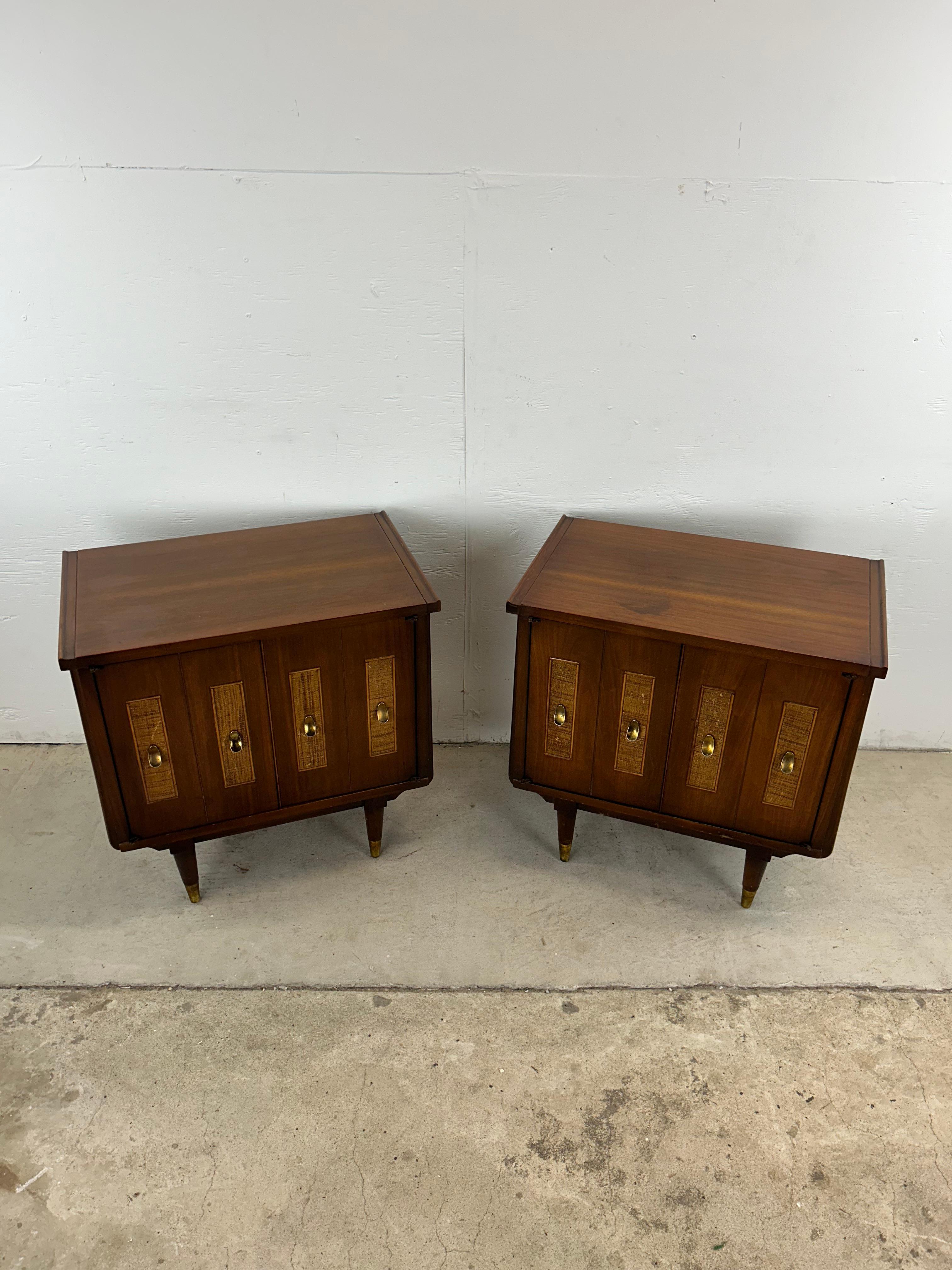 Mid-Century Modern Mid Century Modern Nightstands with Cane Front & Brass Hardware For Sale