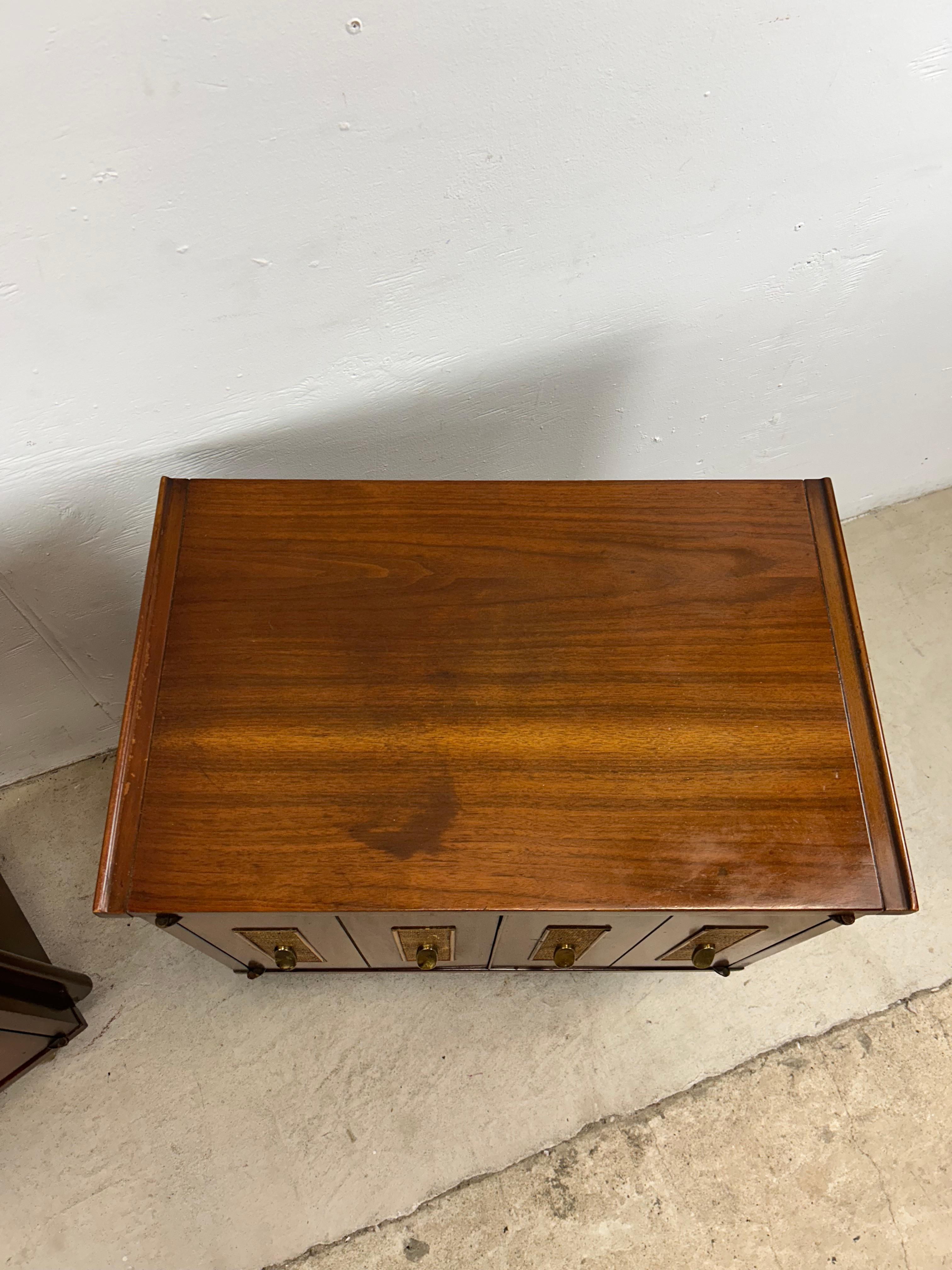 Mid Century Modern Nightstands with Cane Front & Brass Hardware In Excellent Condition For Sale In Freehold, NJ