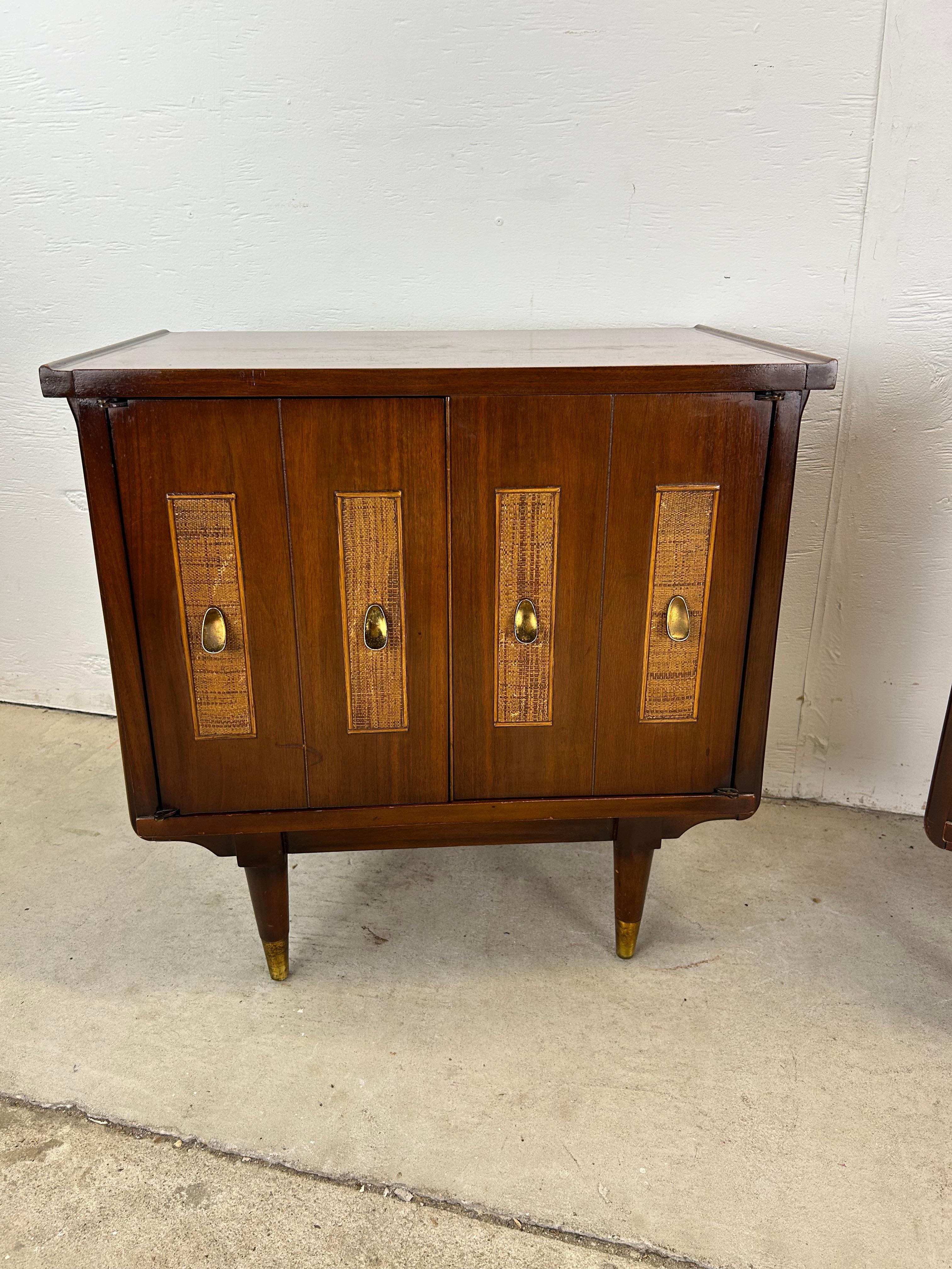 20th Century Mid Century Modern Nightstands with Cane Front & Brass Hardware For Sale