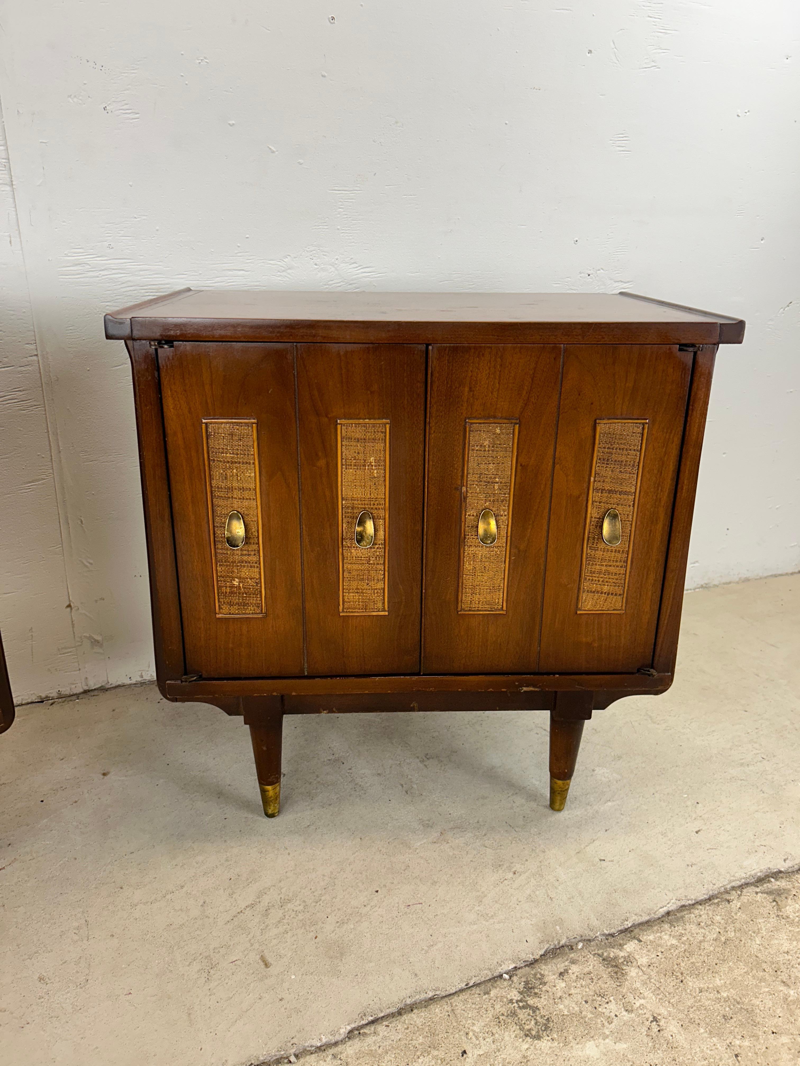 Mid Century Modern Nightstands with Cane Front & Brass Hardware For Sale 1