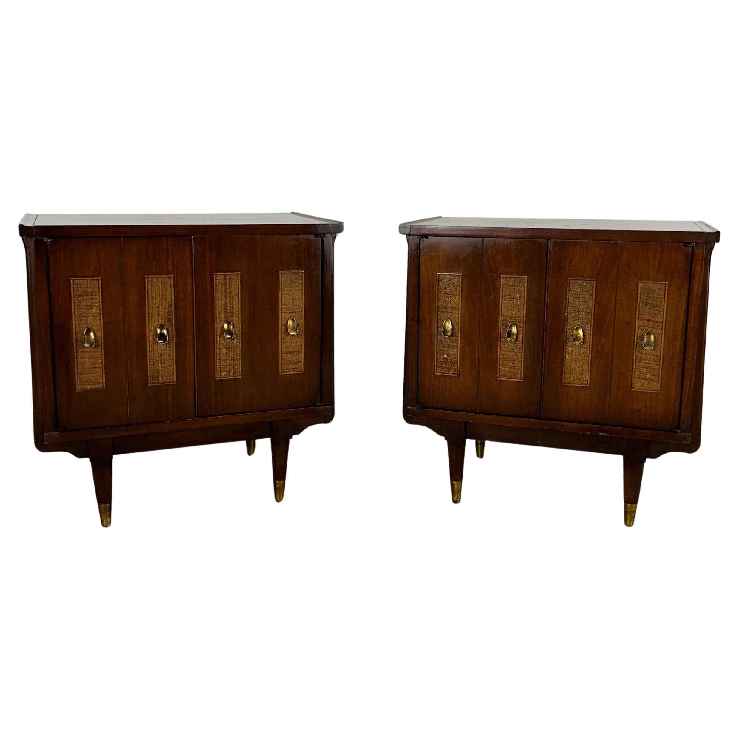 Mid Century Modern Nightstands with Cane Front & Brass Hardware