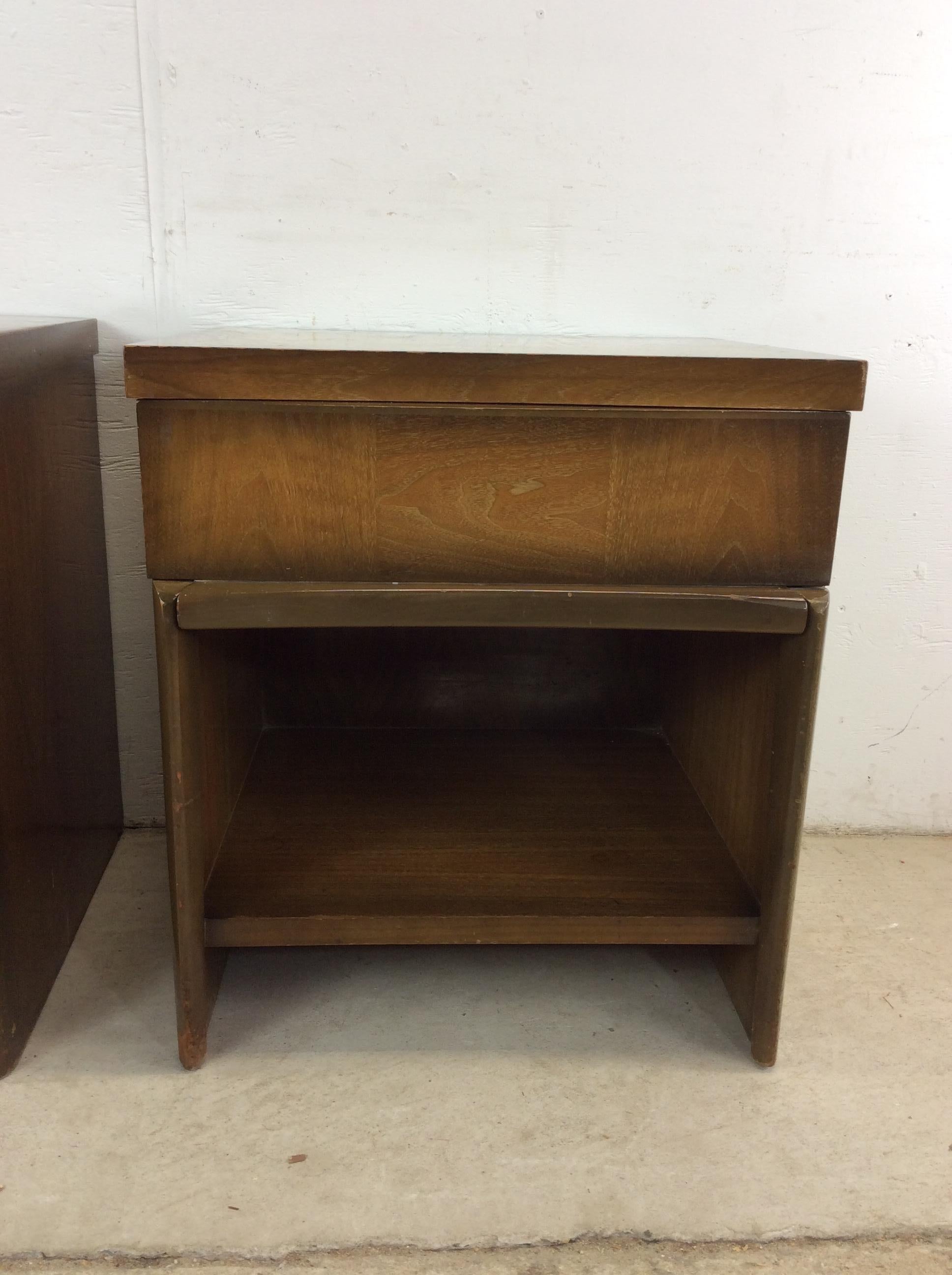 Walnut Mid Century Modern Nightstands with One Drawer & Sled Legs - A Pair For Sale