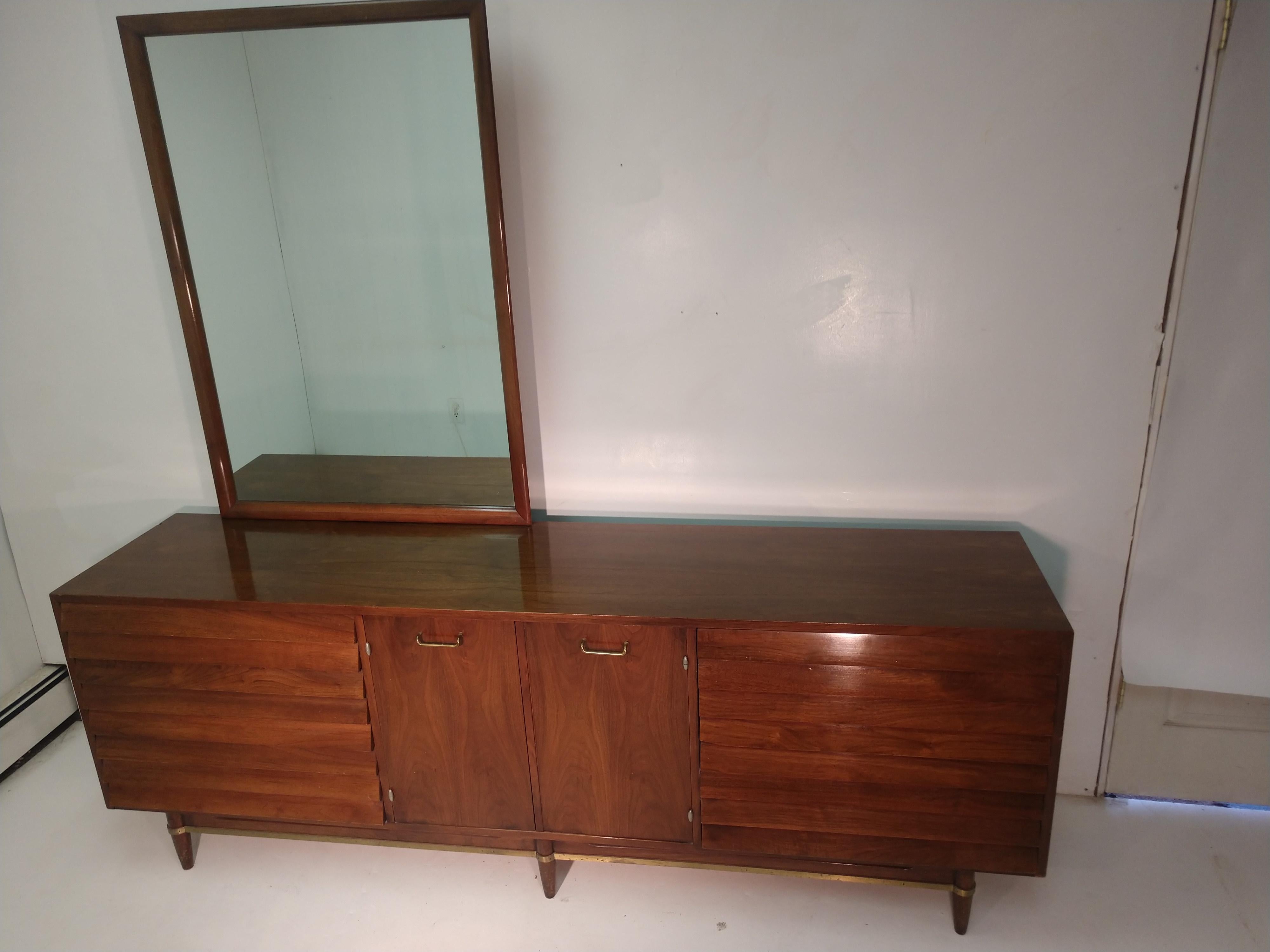 Mid-20th Century Mid-Century Modern Nine Drawer Walnut Dresser with Mirror by Merton Gershun