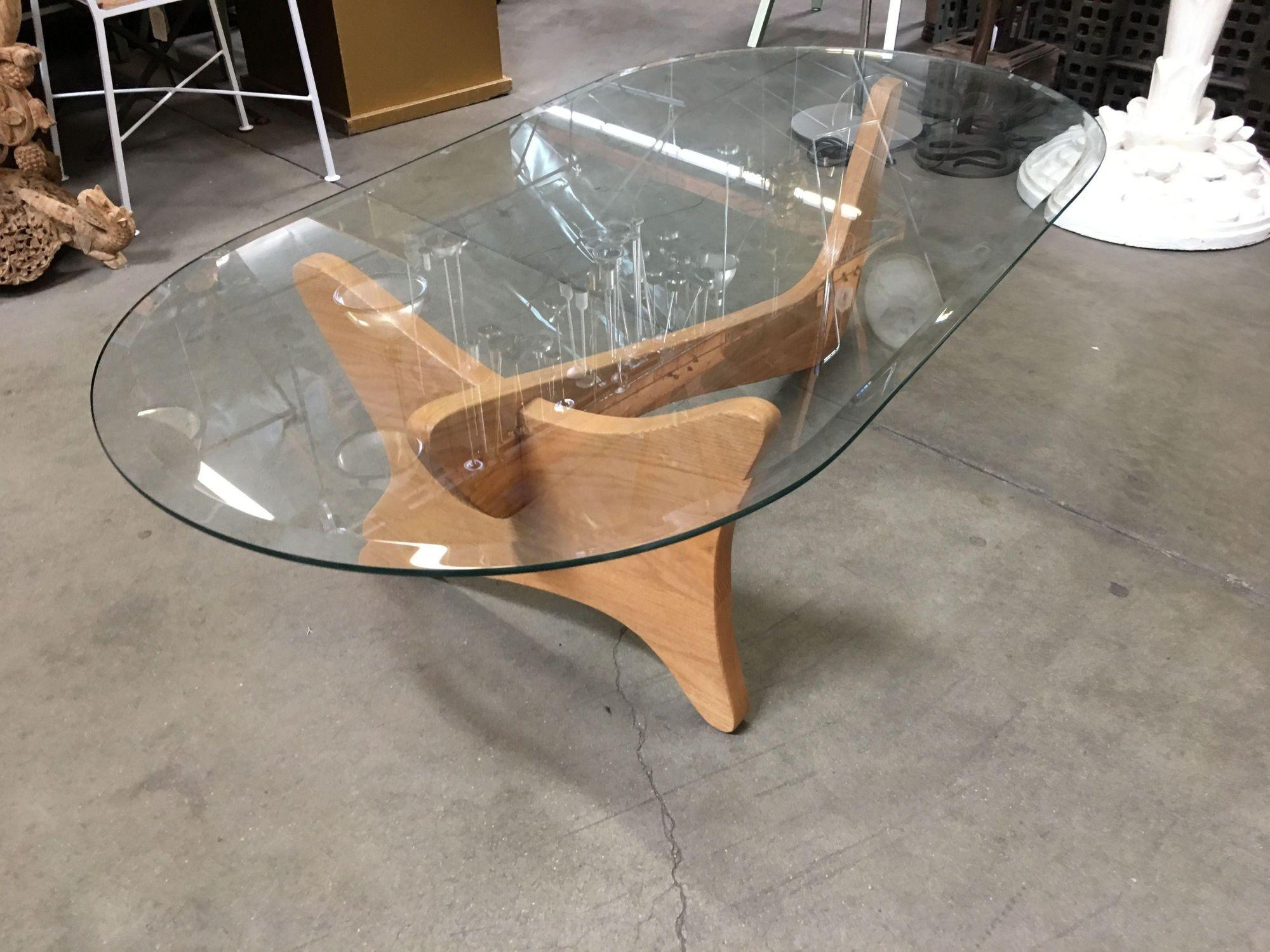 Wood Mid-Century Modern Noguchi Style Oval Glass Coffee Table