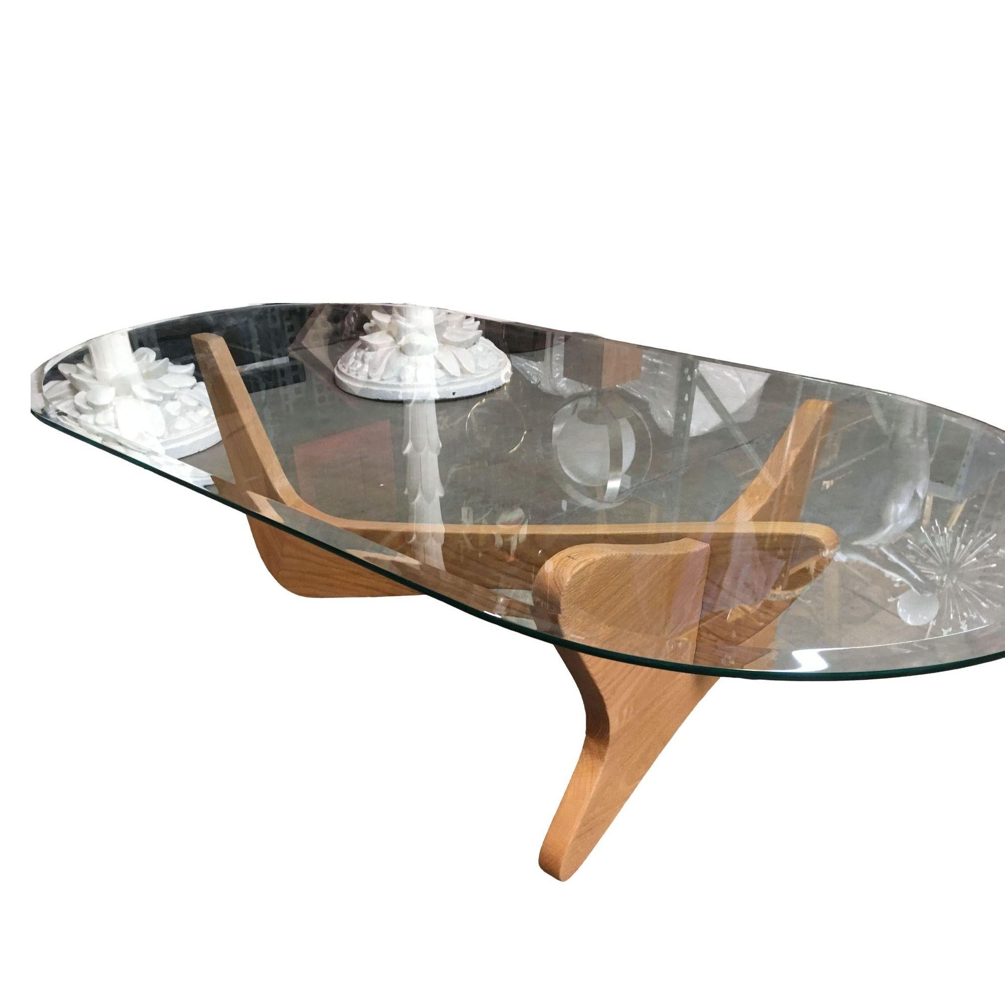Wood Mid-Century Modern Noguchi Style Oval Glass Coffee Table For Sale