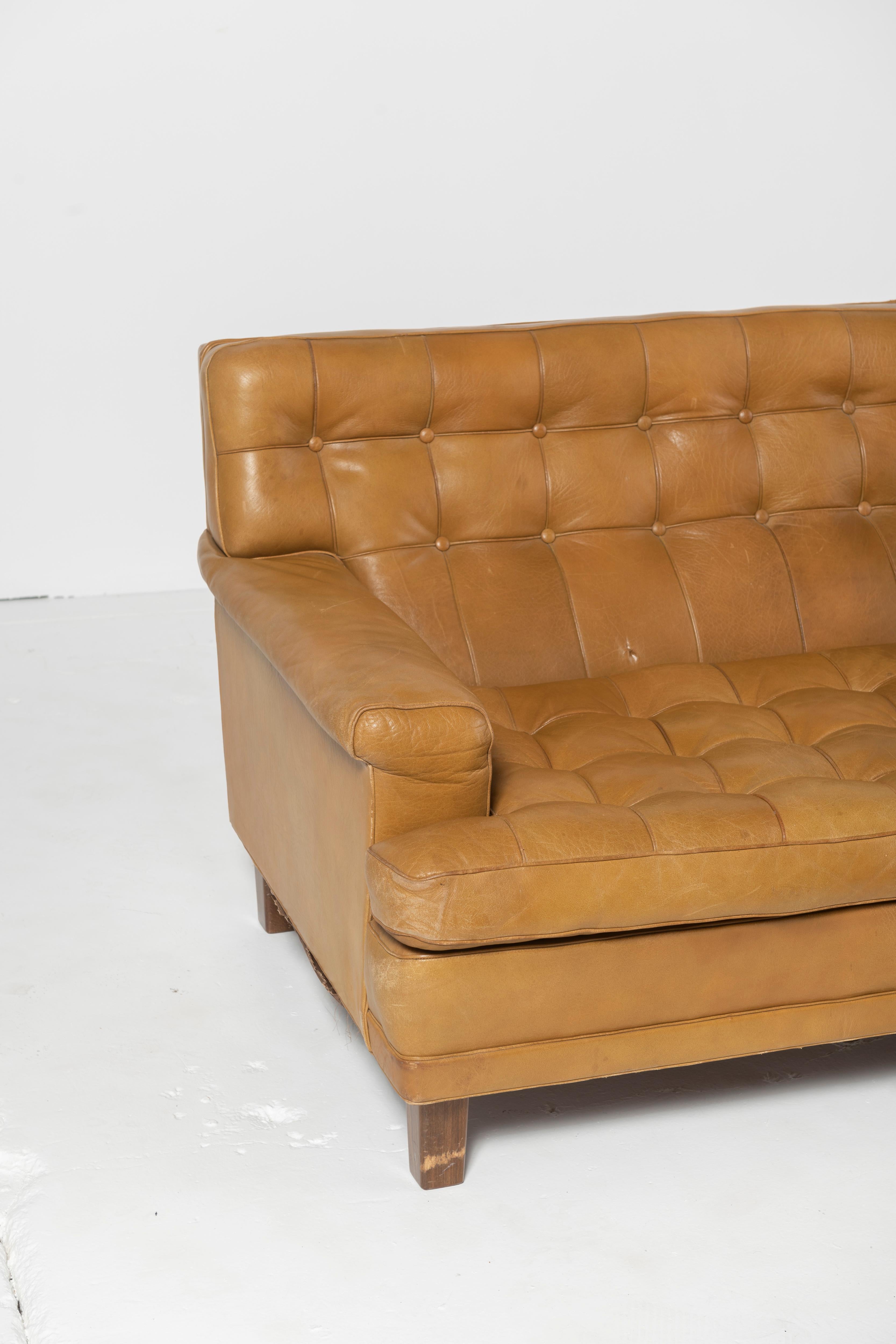 Swedish Mid-Century Modern Norell Sofa with Original Buffalo Cognac Leather