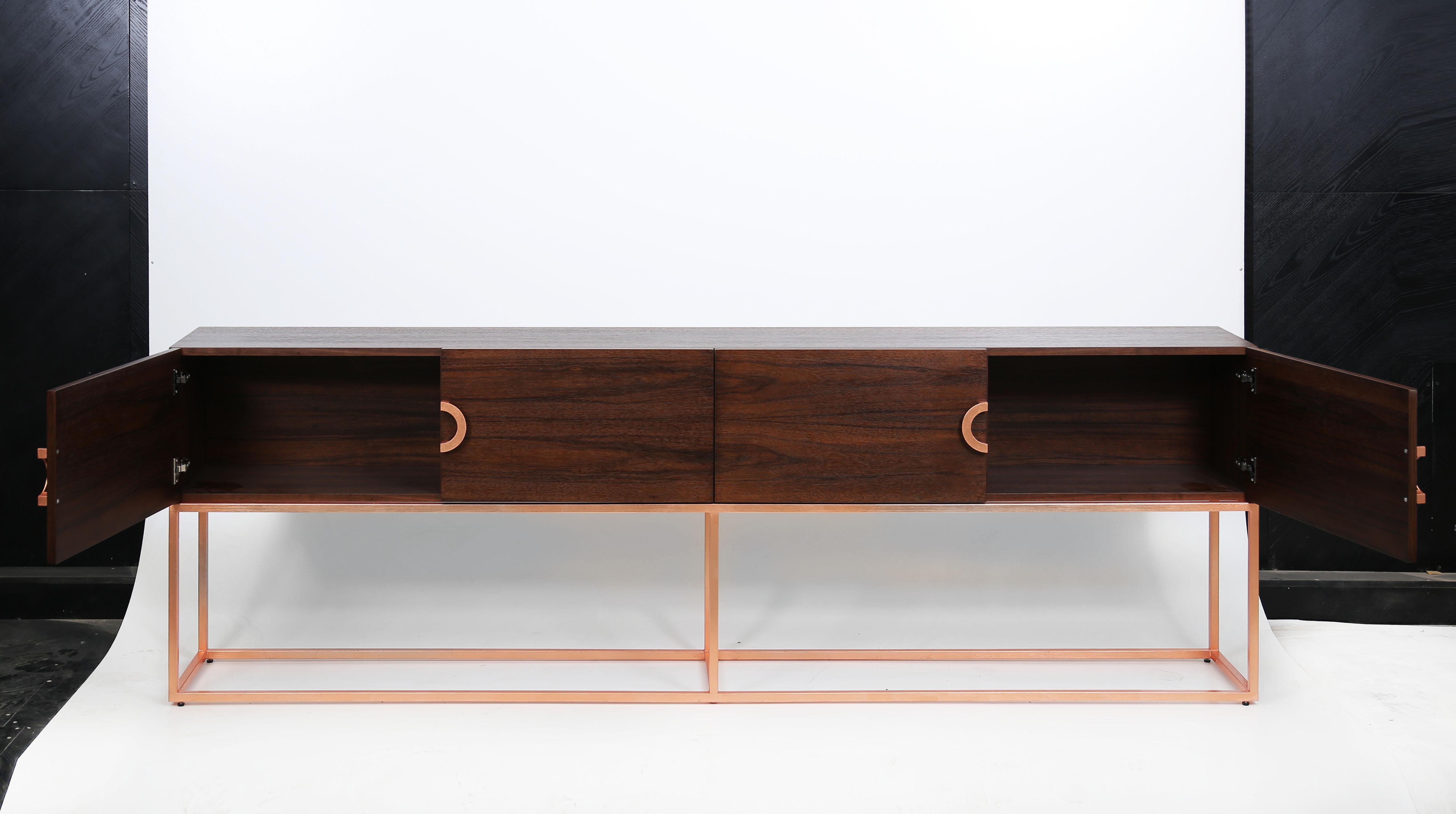 Lacquered Mid-Century Modern Norse TV Stand in Walnut, Copper Leaf, by Railis Design For Sale