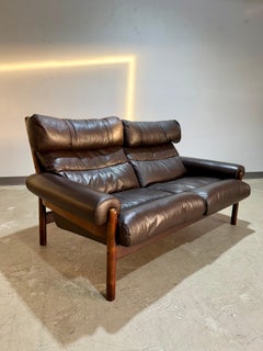 Mid Century Modern Norwegian Leather and Wood Safari Style Loveseat