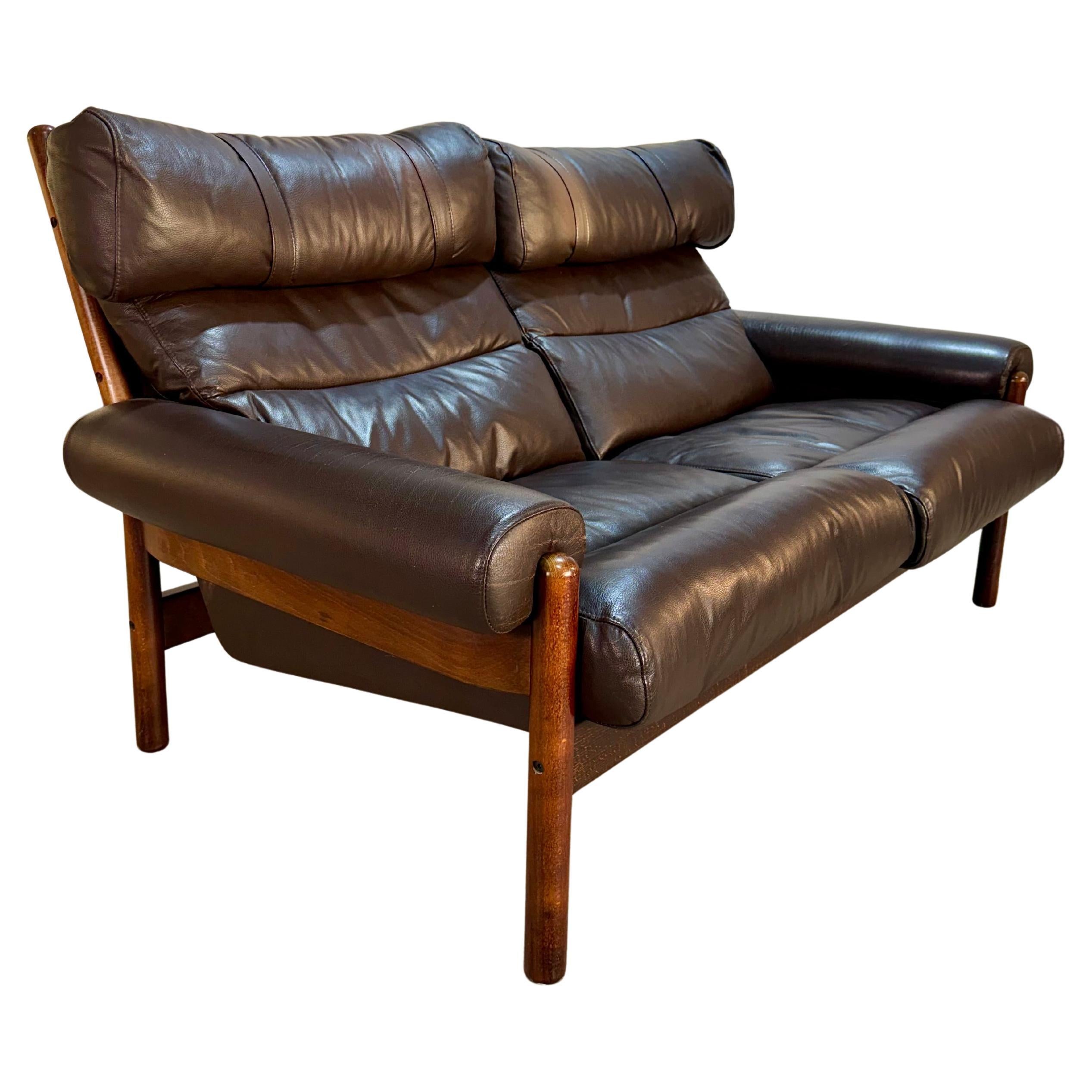 Mid Century Modern Norwegian Leather and Wood Safari Style Loveseat