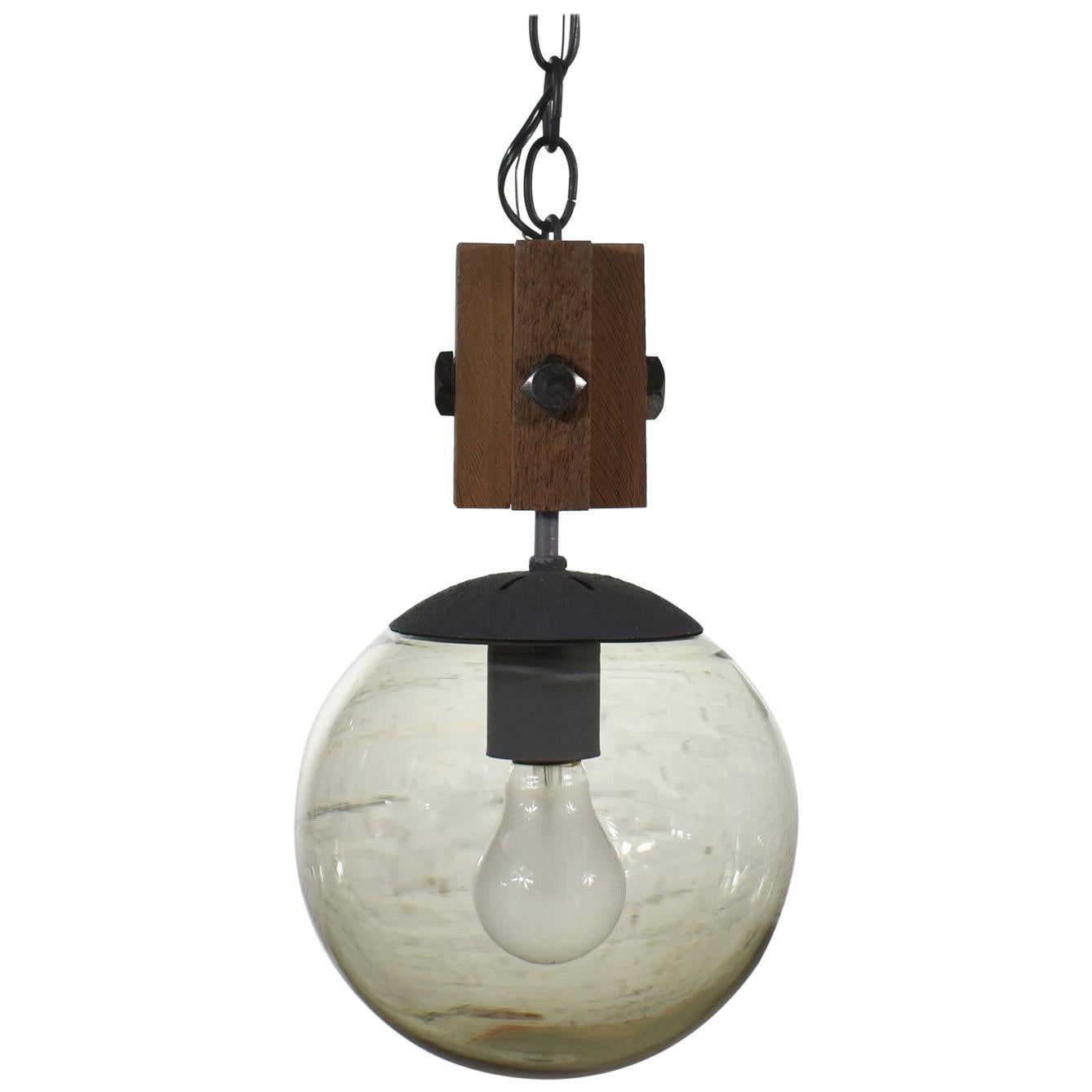 Mid-Century Modern NOS Wood and Smoked Glass Globe Pendant Light Black Chain For Sale
