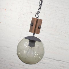 Mid-Century Modern NOS Wood and Smoked Glass Globe Pendant Light Black Chain