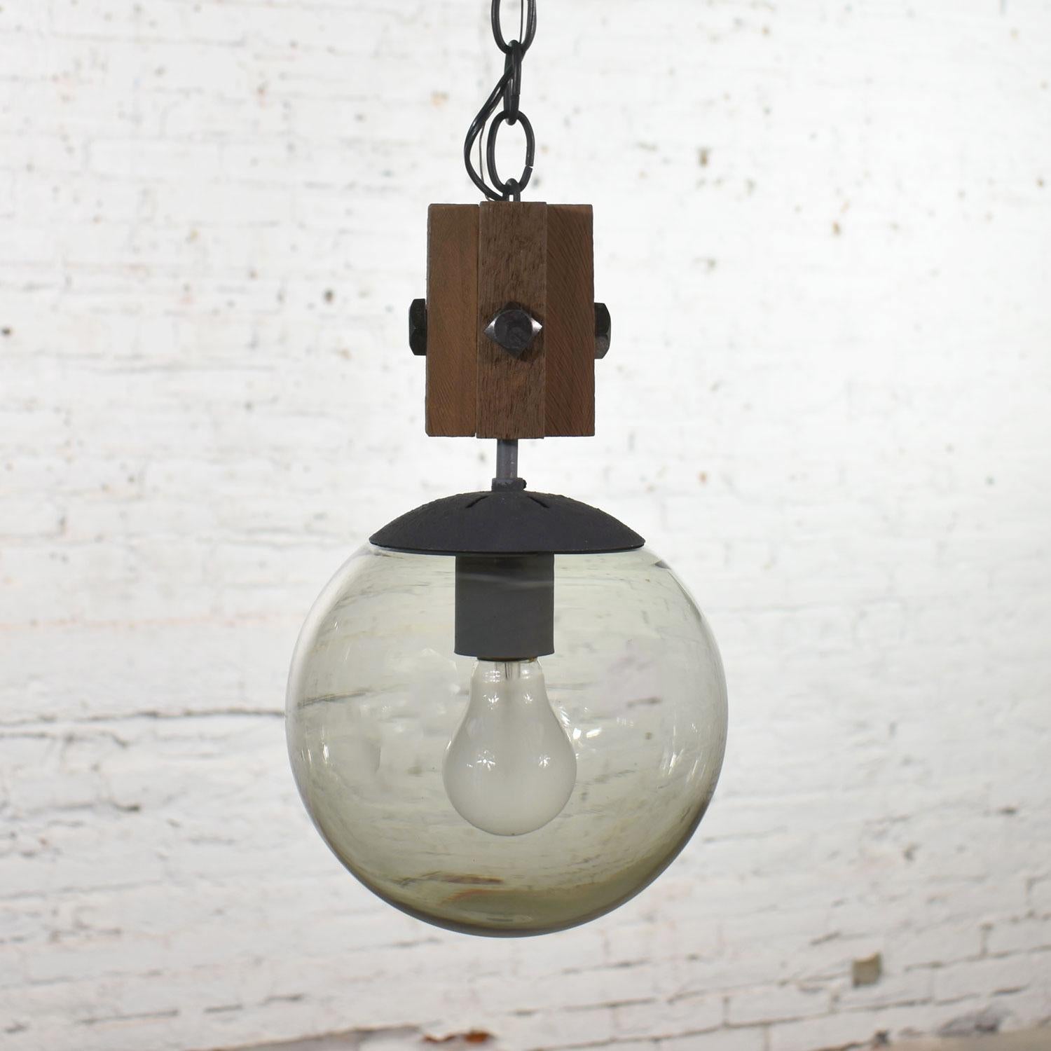 Brutalist Mid-Century Modern NOS Wood and Smoked Glass Globe Pendant Light Black Chain For Sale