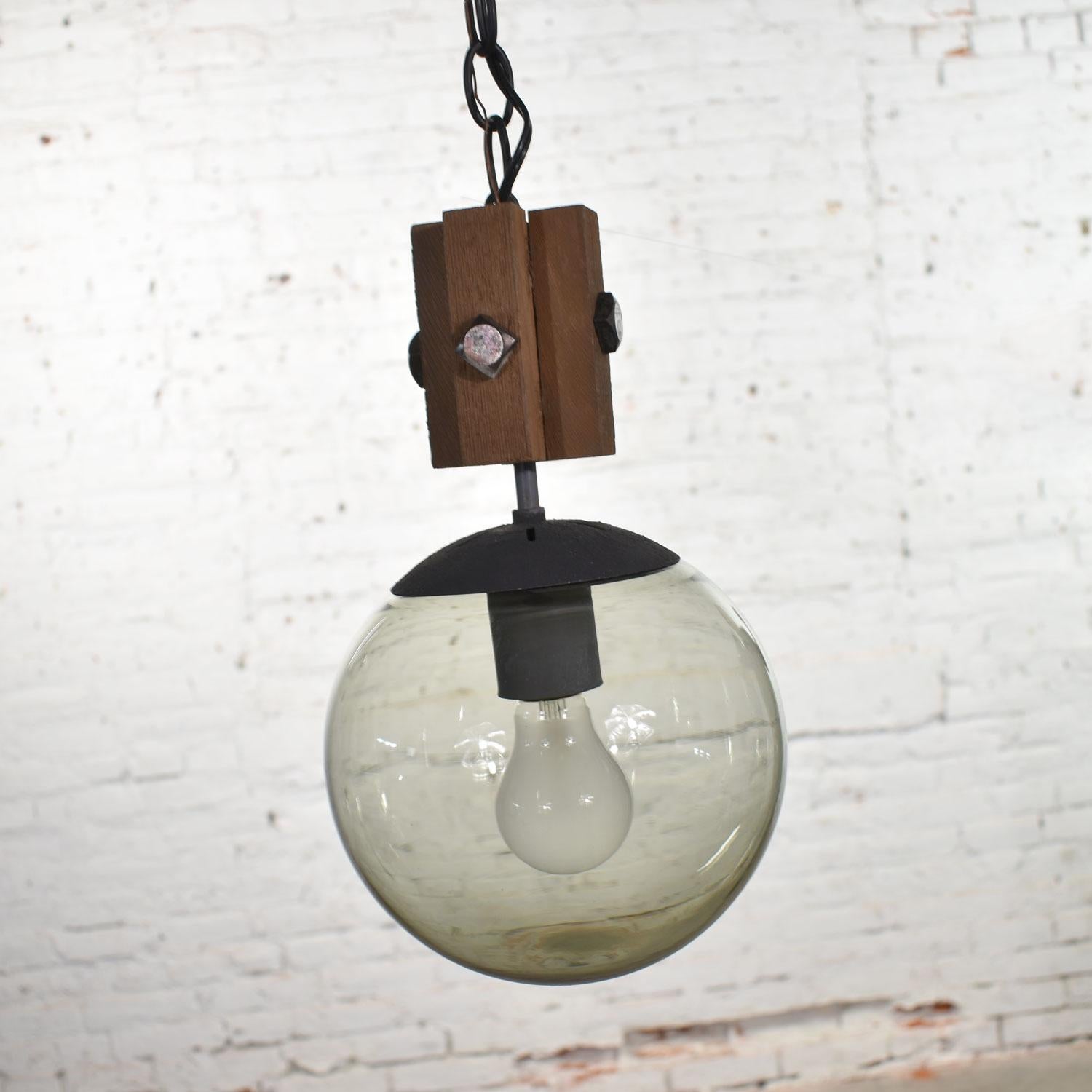 American Mid-Century Modern NOS Wood and Smoked Glass Globe Pendant Light Black Chain For Sale