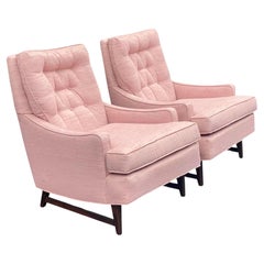 Retro Mid-Century Modern Nubby Pink Tufted Lounge Chairs