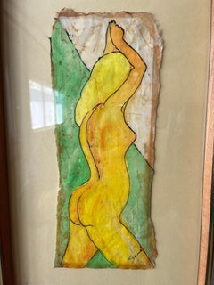 Mid-Century Modern Nude Figural Mixed Media on Batik Framed