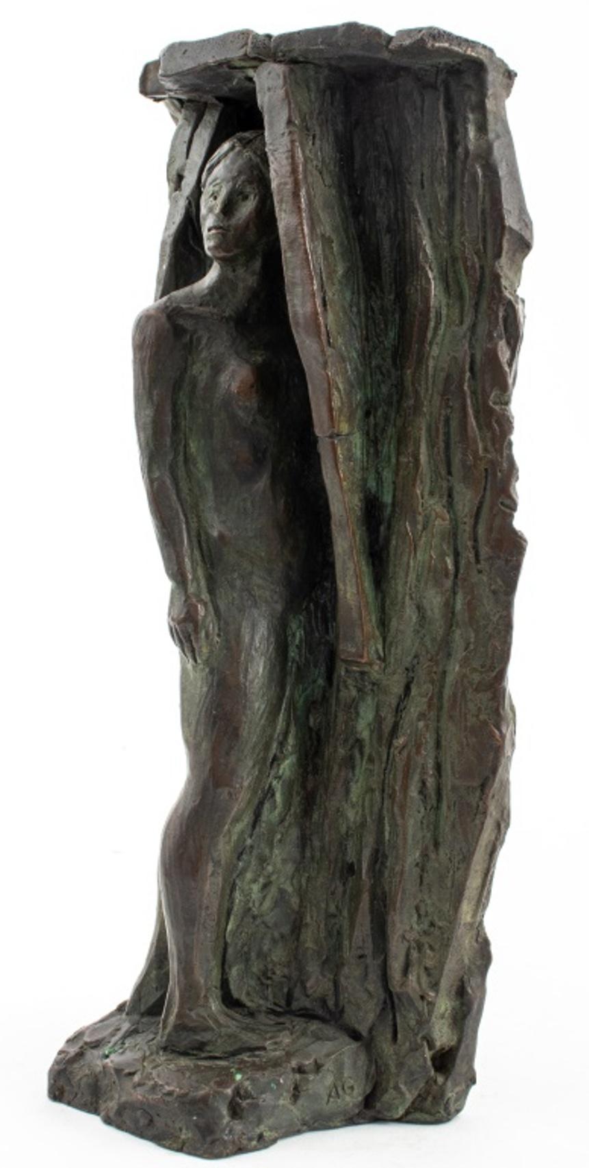 Mid-Century Modern verdigris patinated bronze sculpture of a nude pregnant woman standing before a textured Brutalist ground, signed 