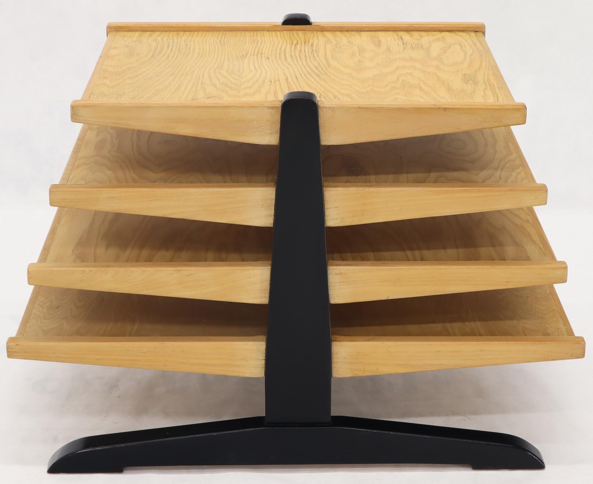 Free standing Mid-Century Modern 4 level wings large magazine rack stands shelf display. In style of Dunbar.