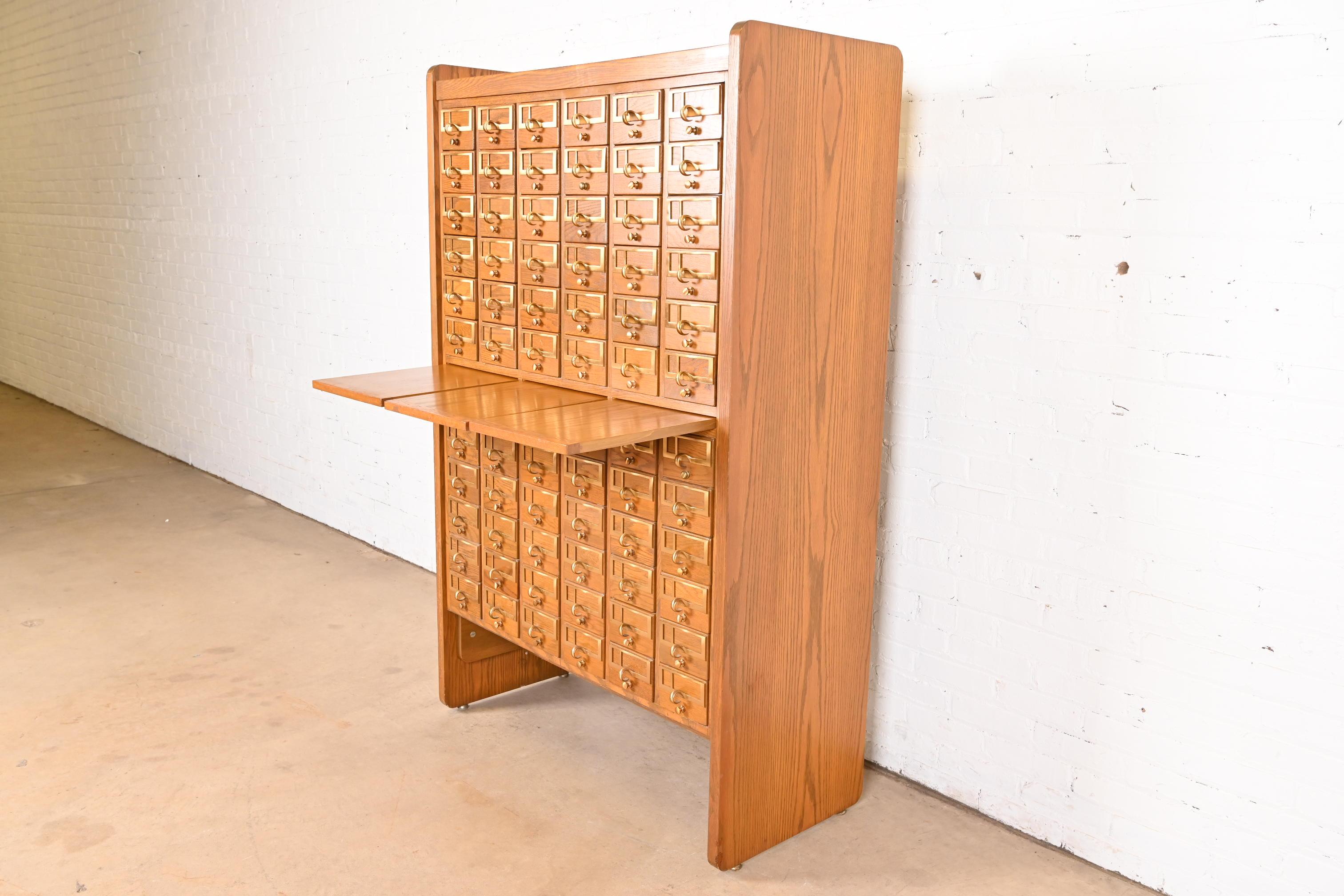 Brass Mid-Century Modern Oak 72-Drawer Library Card Catalog Cabinet, Circa 1960s