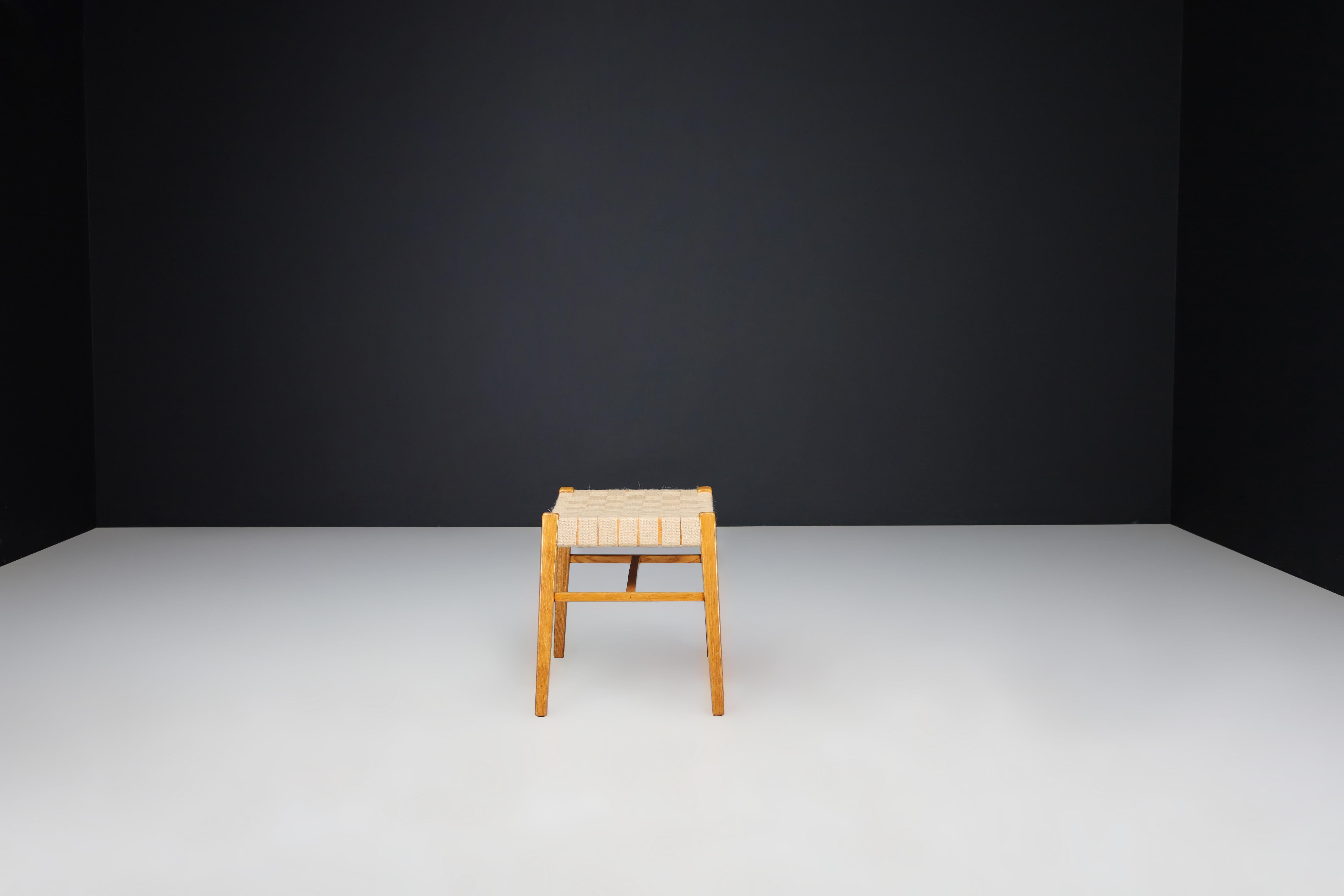 Czech Mid-Century Modern Oak and Canvas Stool by Jan Vaněk, Prague, 1940s For Sale