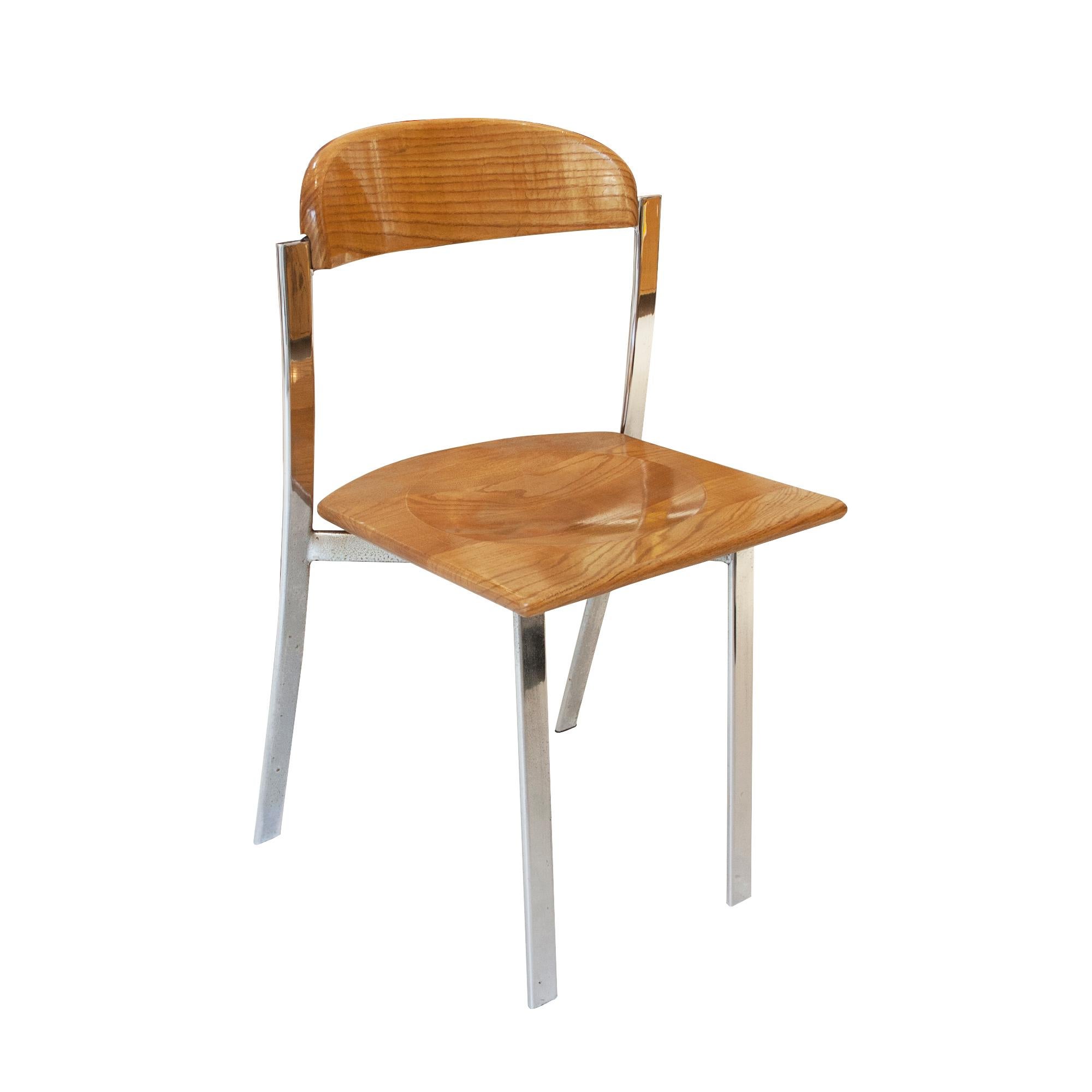 Italian Mid-Century Modern Oak and Chromed Steel Set of Chairs, Italy, 1970  For Sale